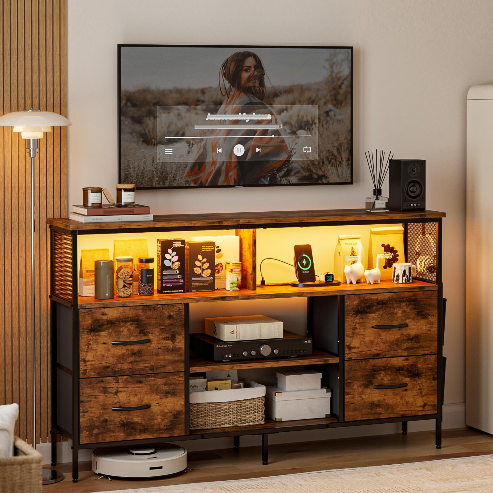 IKIFLY チェスト収納 タンス 棚付き 箪笥リビング収納チェスト LEDライト付き テレビボード おしゃれ 収納ケース 引き出し 大容量 USBポート付き洋服タンス 布製 玄関キャビネット 新生活 整理タンス 寝室収納 一人暮らし【幅140&times;奥行30&times;｜湖南オンライン
