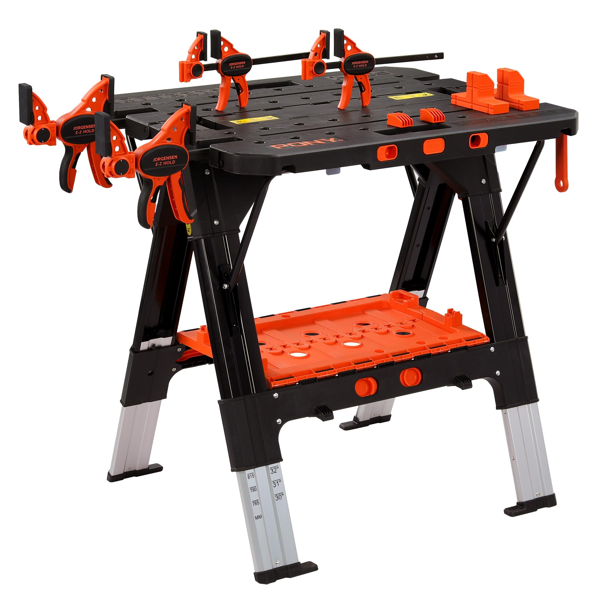 PONY 作業台 ソーホース 2in1 折りたたみ式 DIY 工具 作業台耐荷重225kg ソーホース耐荷重450kg 高さ調節可能 Fクランプ4個 クランプドッグ4個 安全ストラップ2本付き