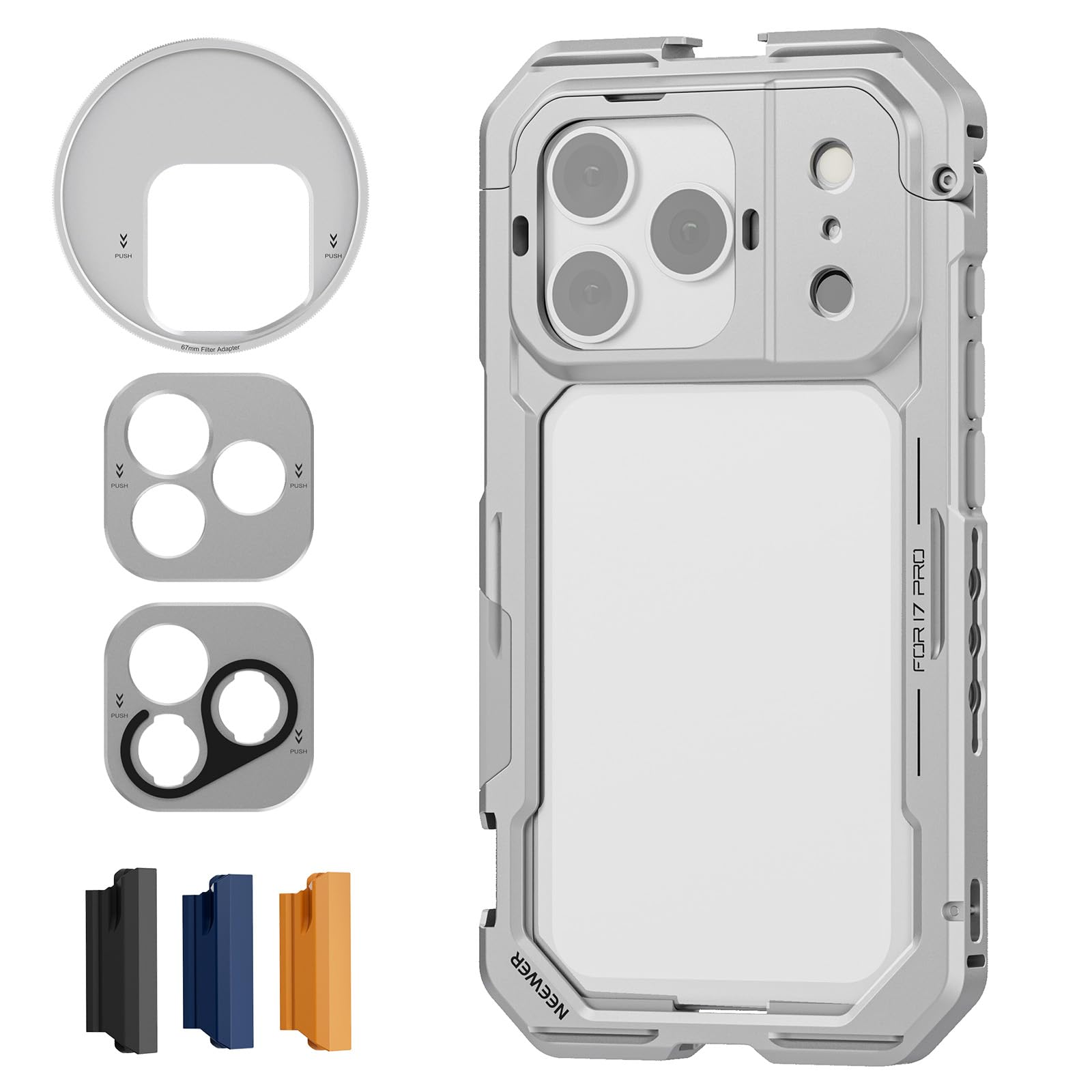 NEEWER スマホケージ iPhone 17 Pro Max対応 クイックリリース ビデオリグ スマホスタビライザーアクセサリー 67mmフィルターリング/17mmレンズバックプレート/Tマウントアダプター/4個カメラコントロールキャップ付き PA144