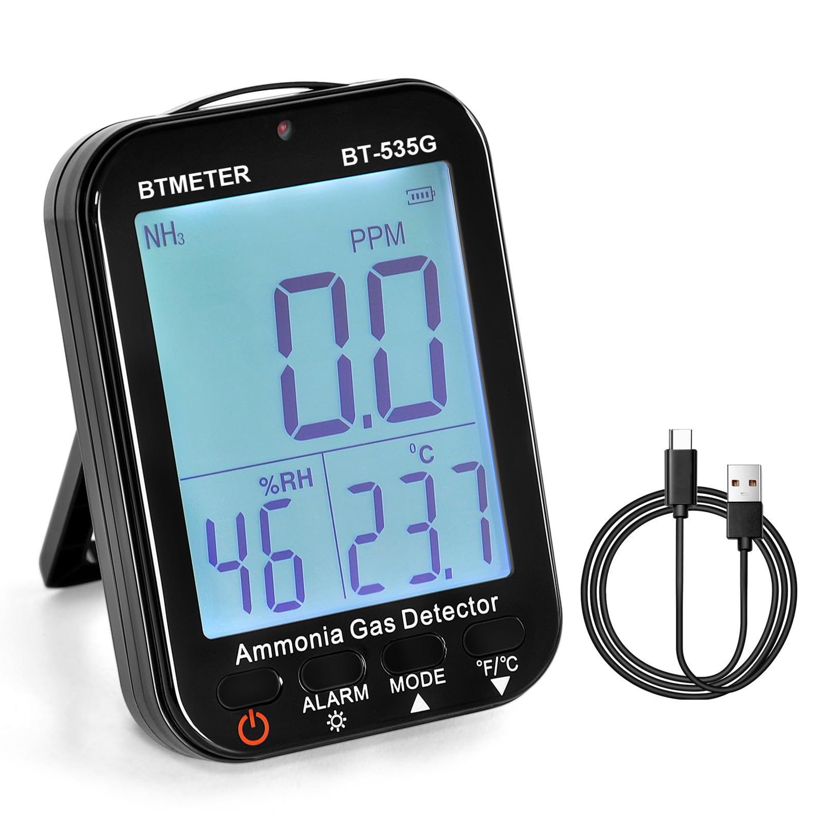 BTMETER BT-535G 臭気測定器アンモニア検知器 NH3濃度検出器 測定範囲0-100ppm分解能 0.1 PPM、アラーム、温度（・/℃）、湿度、養鶏、農場、研究に適したLCDバックライト表示付き―日本語説明書付き
