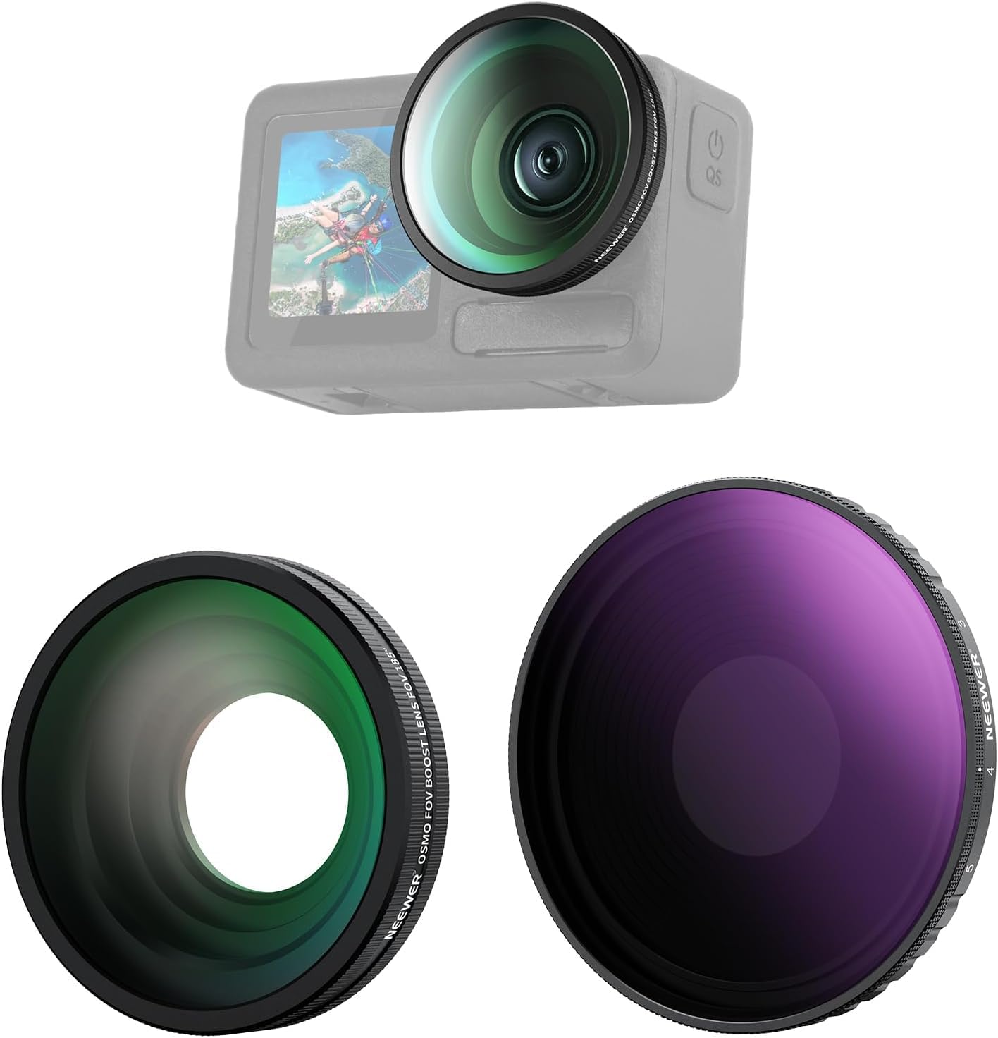 NEEWER 可変NDフィルターキット コンパチブル Osmo Action 5 Pro/4 2枚入り ND8-32(3-5ストップ)+185°FOV 広角レンズ ねじ込み式 減光フィルター 偏光フィルター マルチコート HD光学ガラス カメラレンズフィル