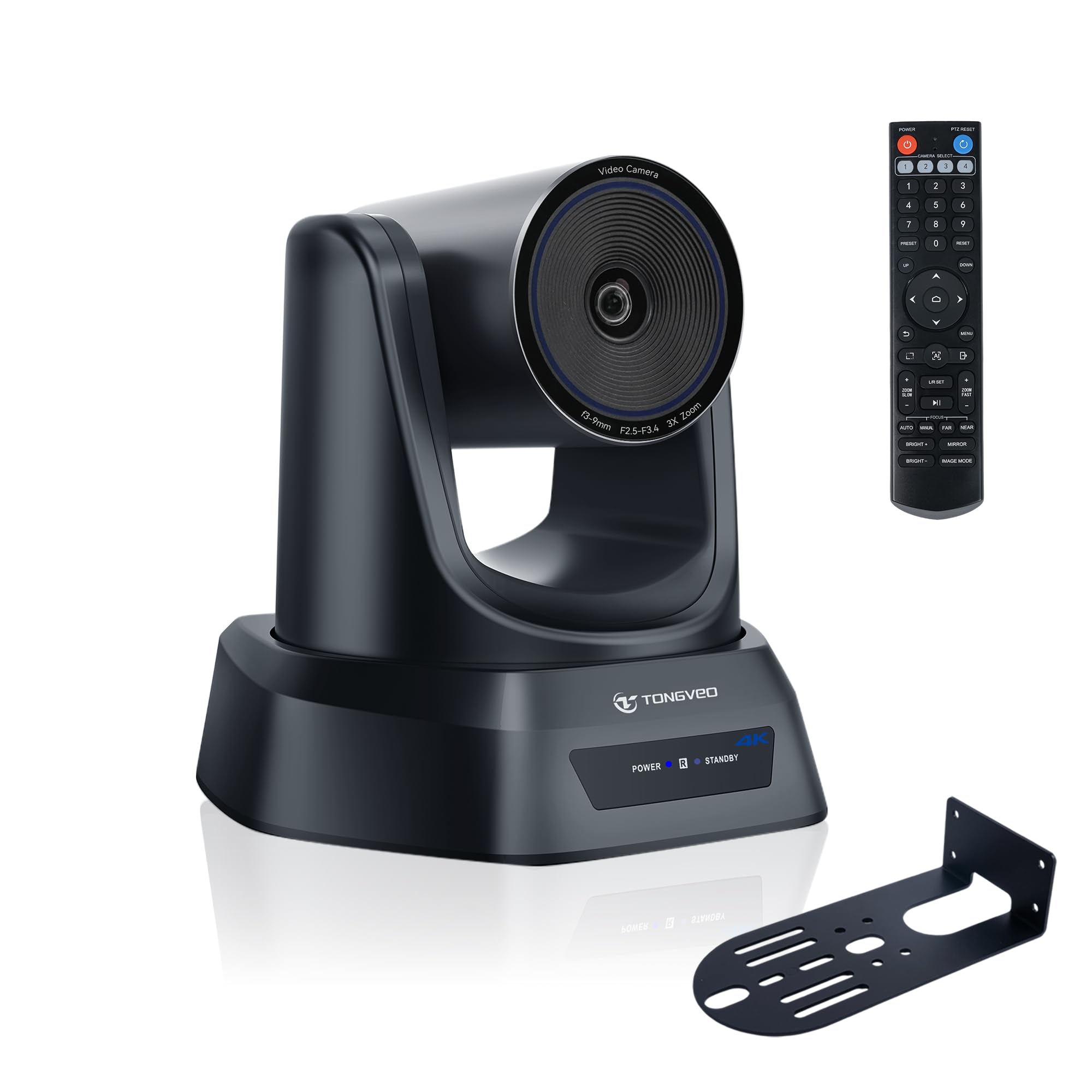 TONGVEO web会議4K UHD PTZカメラ3倍光学ズームAI自動追跡30fps HDMI USB3.0 PTZ会議室カメラ 左右350°回転 93°広角 OBS Youtube Teams Zoom Facetime用 リモコン付き 三脚取付可能