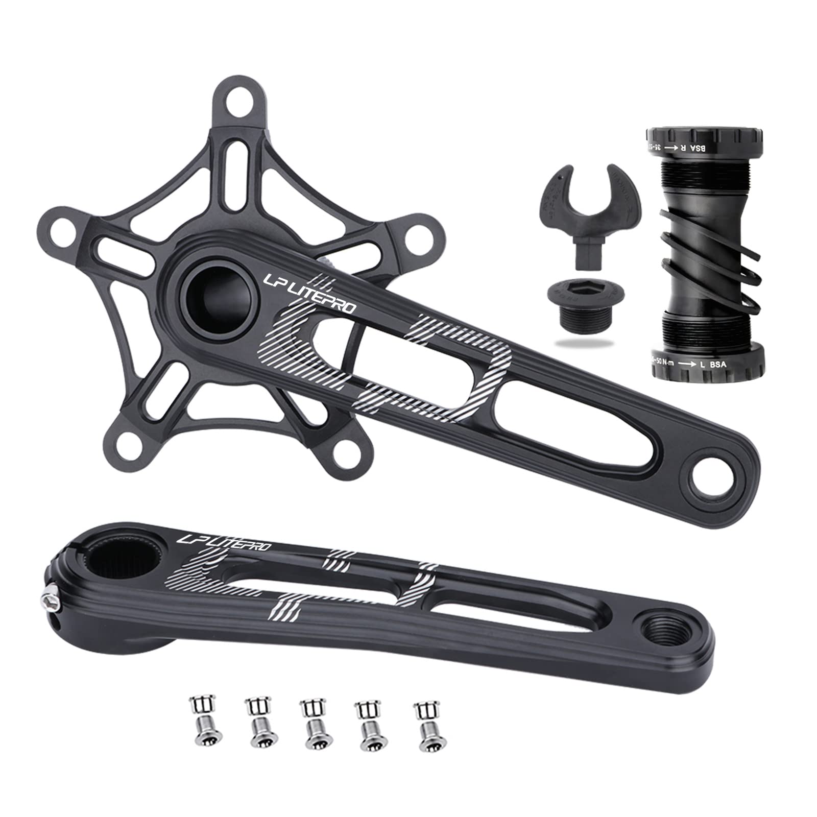 KOCAN ボトムブラケット付きクランクセット 自転車クランクアームセット 折りたたみ自転車用 170mm 130BCD 5ボルト 自転車クランクセット ボトムブラケットとチェーンリングボルト付き|湖南オンライン