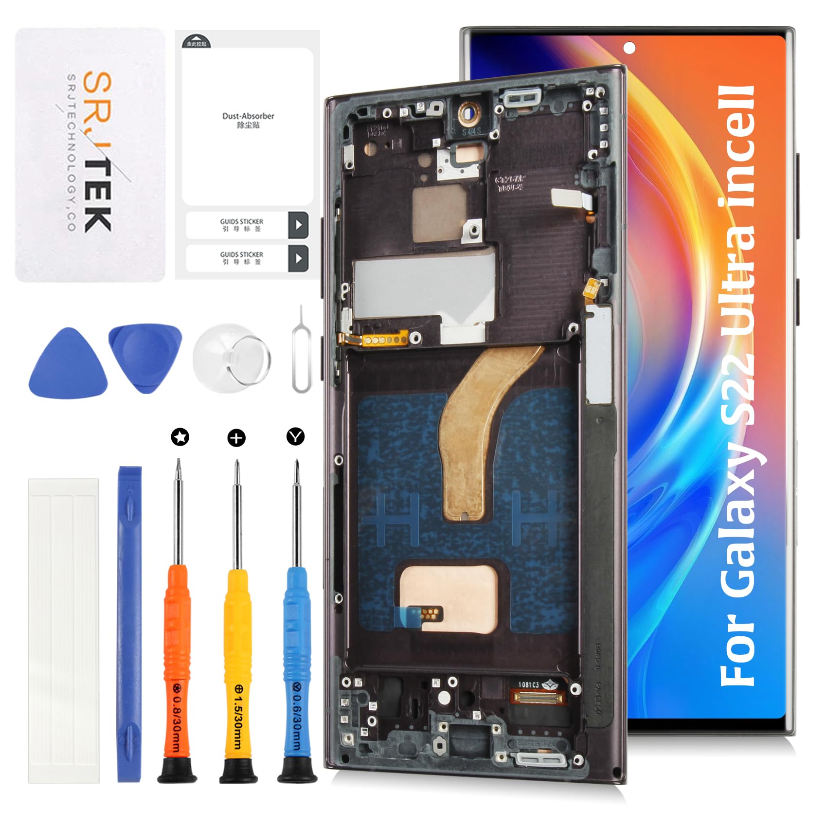 SRJTEK For Samsung Galaxy S22 Ultra 5G InCell LCD液晶パネル画面交換修理用【指紋認証は対応していません】SC-552C SC-G14/ SM-S908モデルに対応 フレーム付き タッチパネルデジタイザー LC