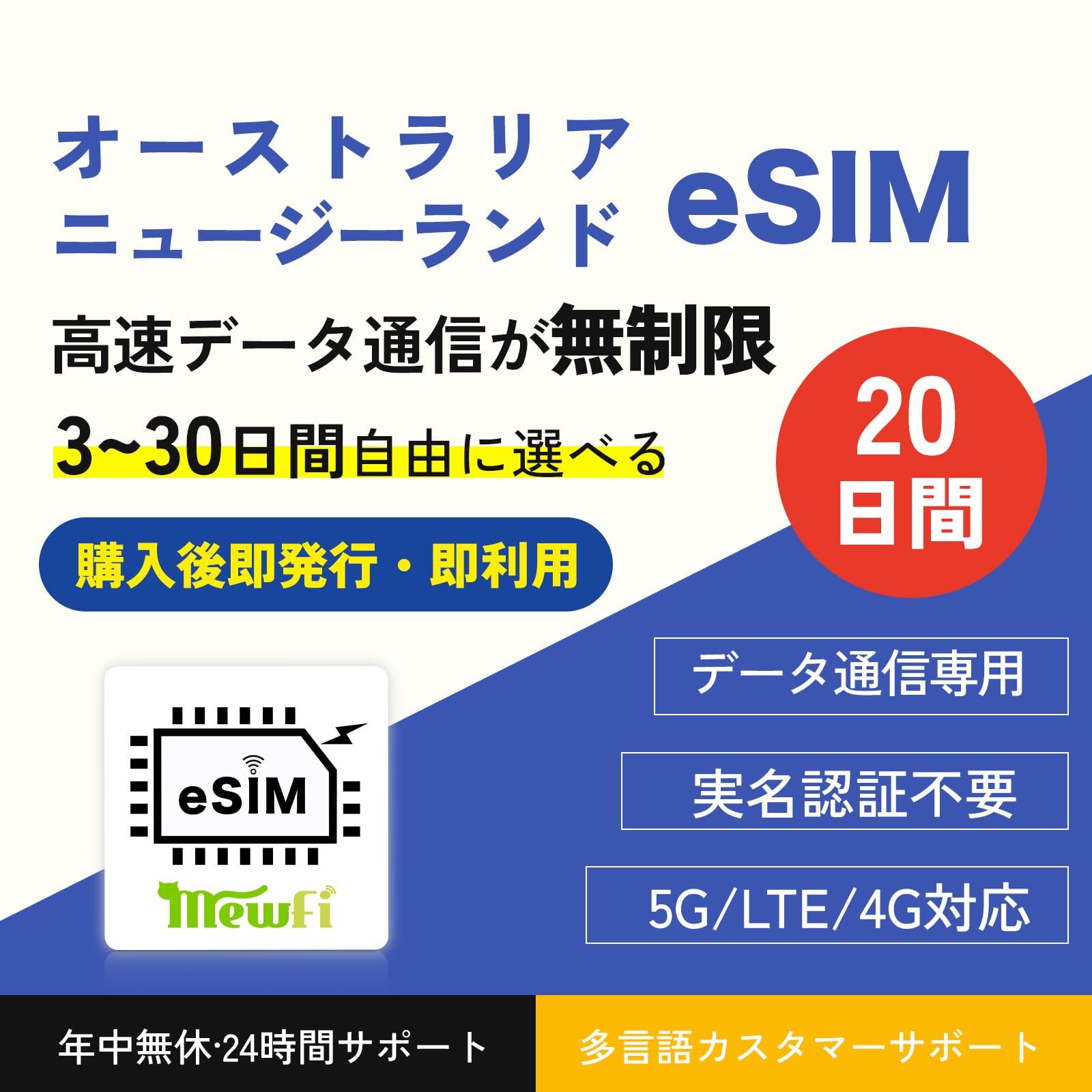 オーストラリア eSIM ニュージーランドeSIM 20日間 高速データ通信は無制限 データ通信専用 オーストラリアSIM カード ニュージーランドSIM 当日納品可能 メール登録で納品 QR簡・設定 mewfi