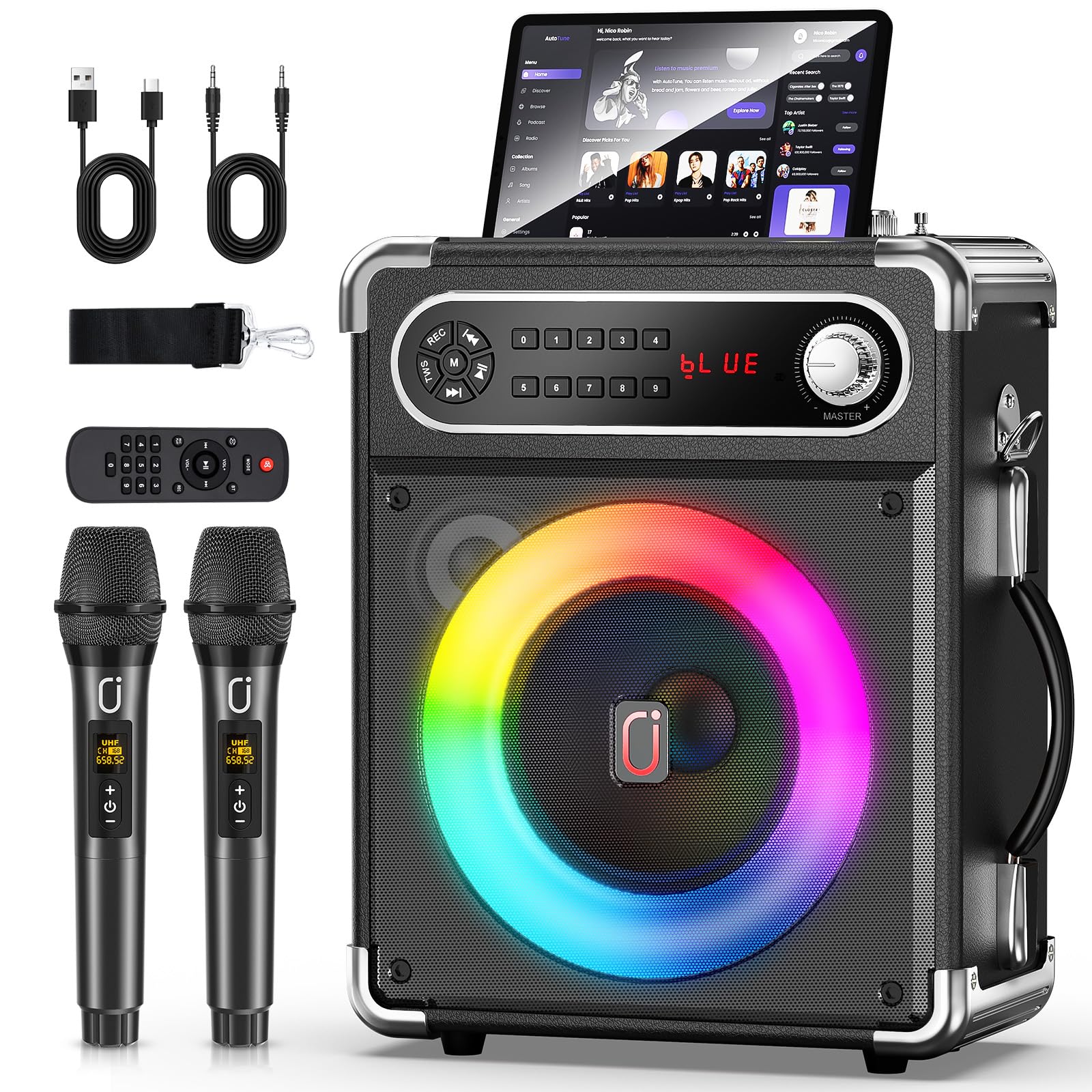 JYX スピーカーセット 拡声器 ワイヤレスマイク２本 Bluetooth5.3対応 高低音強化機能搭載 充電式 ポータブル ホームパーティー、カラオケ、街頭スピーチ、会議 、学校行事、セミナー、室外、防災、路上ライブ、イベントなどに適用｜湖南オンライン