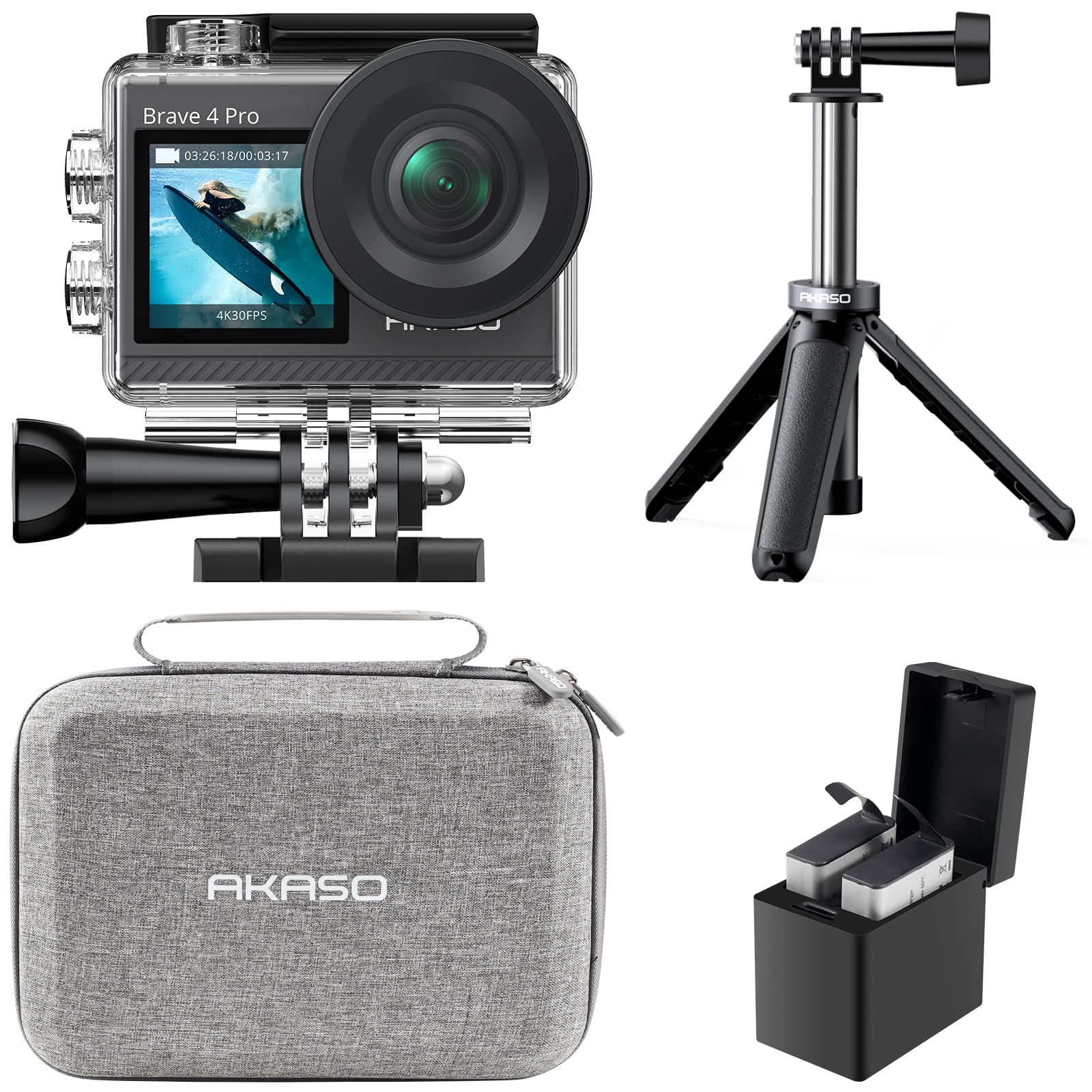 AKASO アクションカメラ Brave 4 Pro 4K 20MP解像度 タッチパネル式 デュアルカラースクリーン 40M防水 水中カメラ 手ぶれ補正 外部マイク対応 WiFi搭載 HDMI出力 5倍ズーム 自撮り棒と収納ケース付き|湖南オンライン