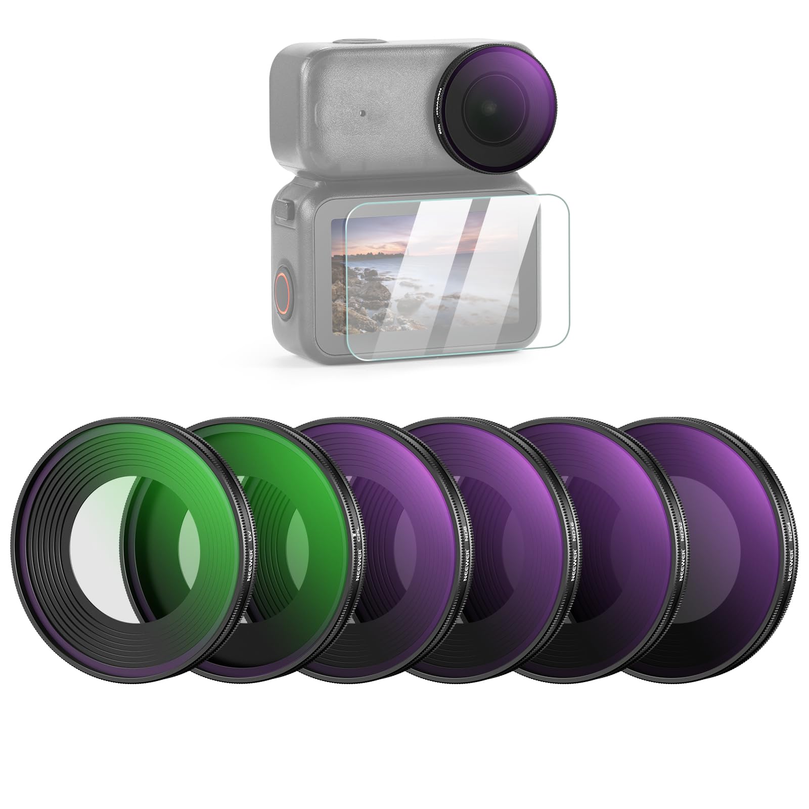 NEEWER NDフィルターセット 6枚入り コンパチブル Osmo Nano ねじ込み式 ND8/16/32/64/UV/CPL 強化ガラススクリーンプロテクター付き アクションカメラレンズフィルター 円偏光 減光 保護フィルター マルチコート光学ガラス
