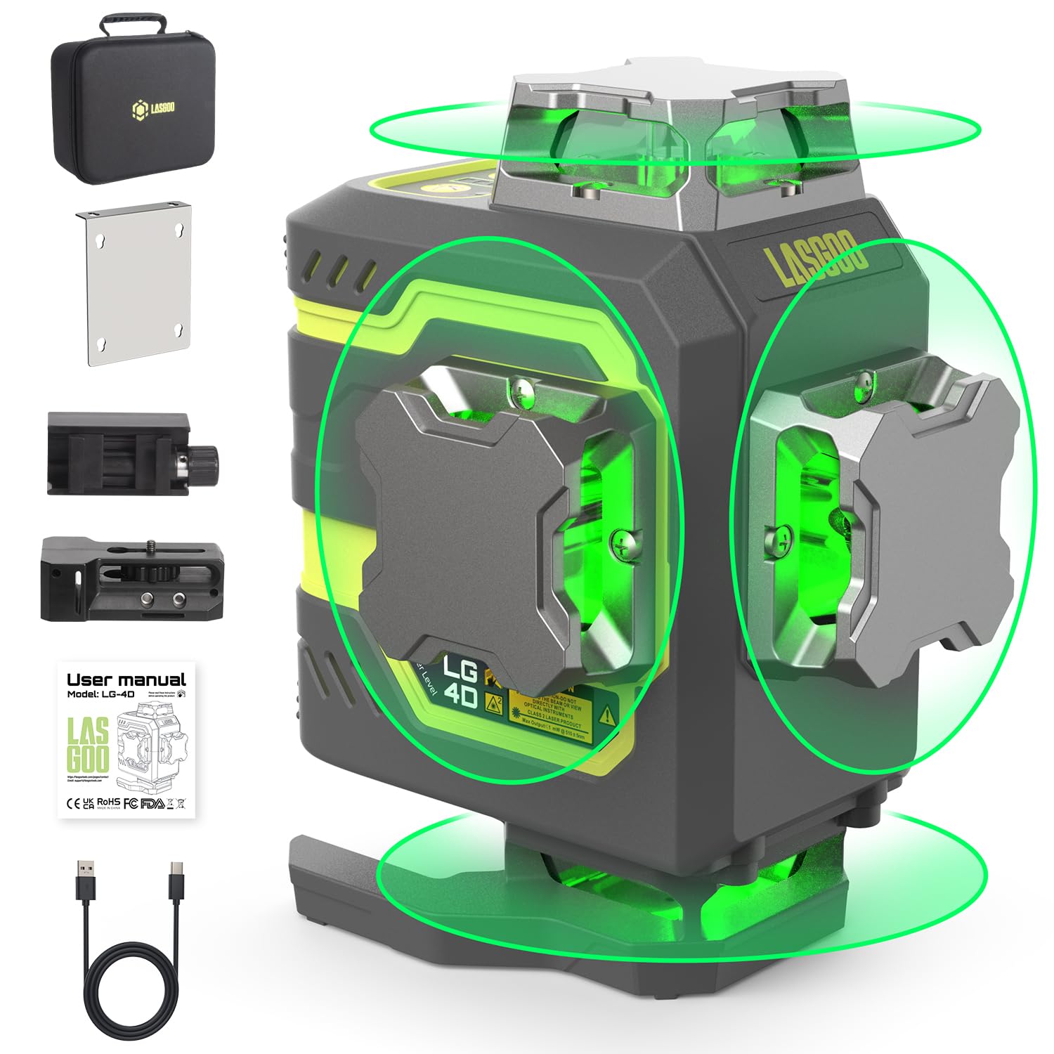 LasGoo LG-4D 16 緑色レーザービーム 4×360° レーザーレベル、水平および垂直の両方向レイアウトが可能なセルフレベリングツール、建設や壁掛け用途に最適、磁気ピボットブラケット付き