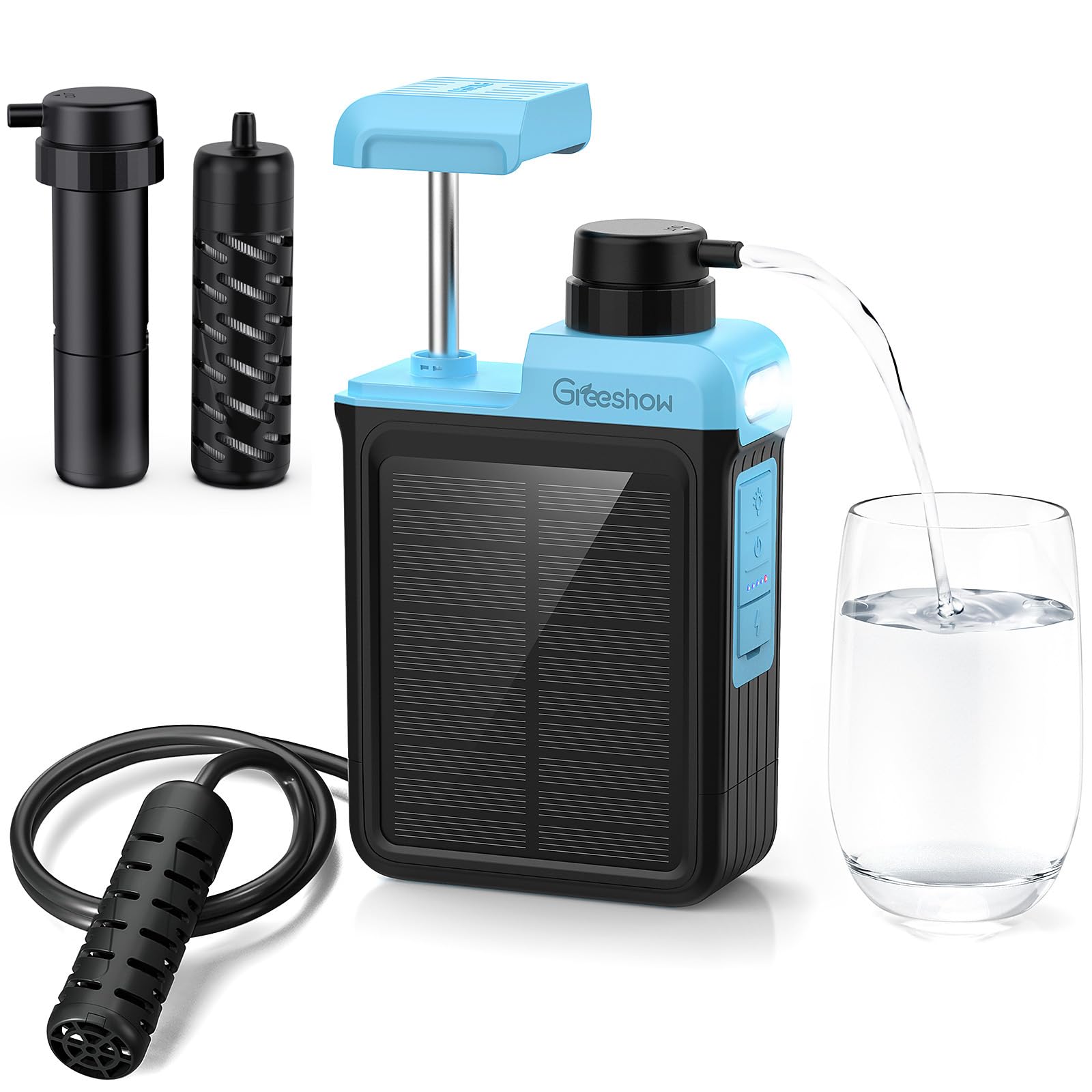 Greeshow 携帯浄水器 防災グッズ 防災 災害用 備蓄 電動浄水器 手動ボンプ付き 日本正規品 アウトドア ソーラー充電可能 スマホ充電機能 高輝度LEDライト付き SOSモード 登山/キャンプ/地震/緊急停電対策 防災士推奨 軽量・コンパクト フィ|湖南オンライン