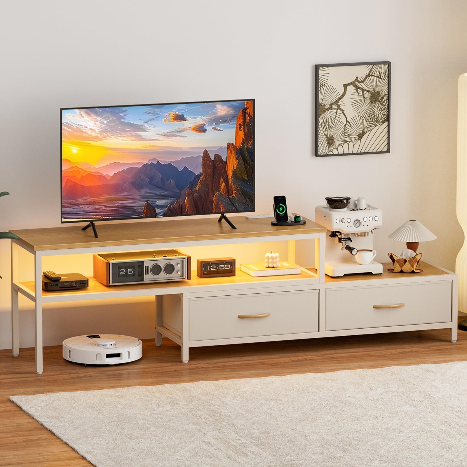 IKIFLY テレビ台 伸縮 テレビボード 収納チェスト ロータイプ 棚付き 引き出し ローボード ライト付き テレビラック ワイドチェスト 自由レイアウト 大容量収納 コーナータイプ 32/40/50型対応tv台 オープン収納 幅調整可能 角度調整 省ス