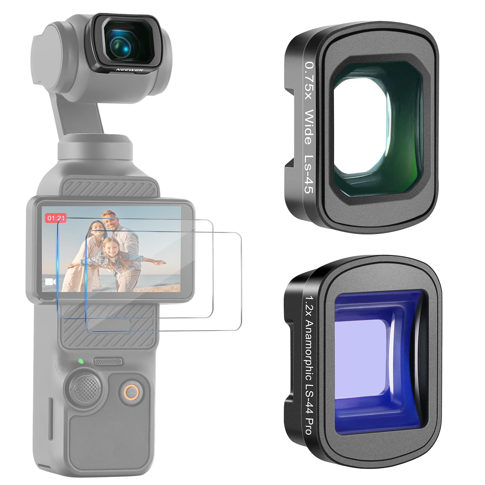 NEEWER レンズキット コンパチブル Osmo Pocket 3 クリエイター コンボアクセサリー 0.75倍広角+1.2倍ブルーアナモルフィックレンズセット+2個スクリーンプロテクター 映画効果レンズ 108&deg;FOVレンズ FL-C02｜湖南オンライン