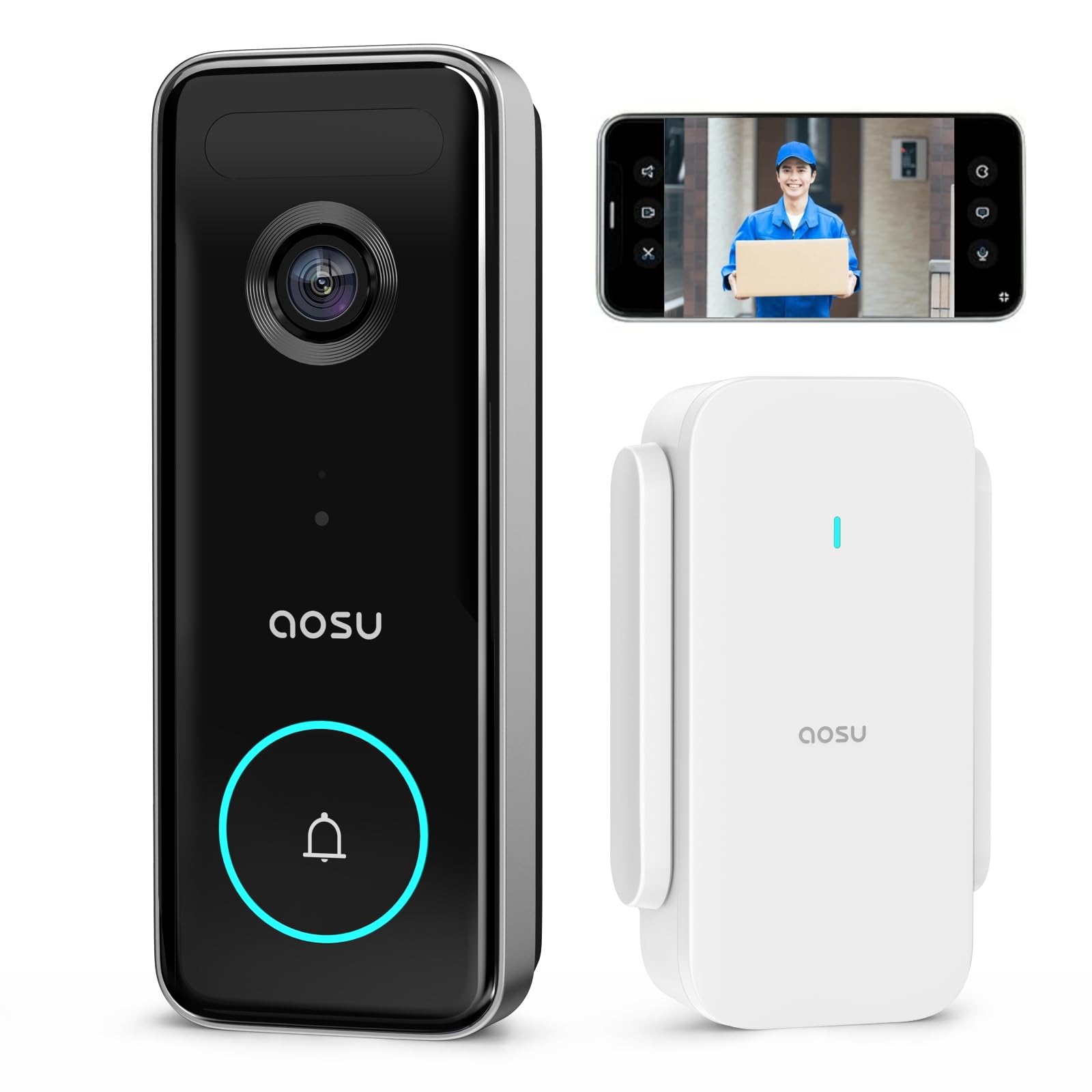 aosu インターホン ワイヤレス 500万高画素 8Gストレージ内蔵 2.4/5ghzWi-Fi対応 充電式工事不要/有線接続 166°広角 人体検知自動アラーム ビデオドアベル カメラ付き HD暗視機能 アプリ双方向通話 家族共有 動画再生 クラウド保