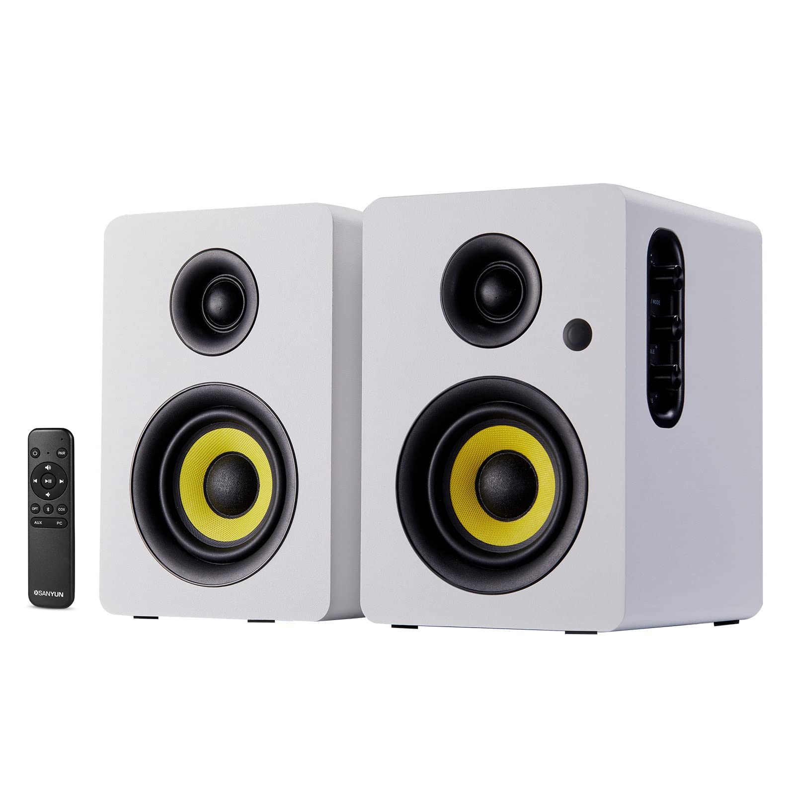 Sanyun SW206 80 Wアクティブデュアルモード本棚スピーカ、4インチ録音室モニタとハイファイモード、光学同軸TRS Aux Bluetooth 5.0 USB、24ビットDAC付き、家庭音楽システムのターンテーブルテレビPCデスクトップ、ホワイ｜湖南オンライン 14,638円