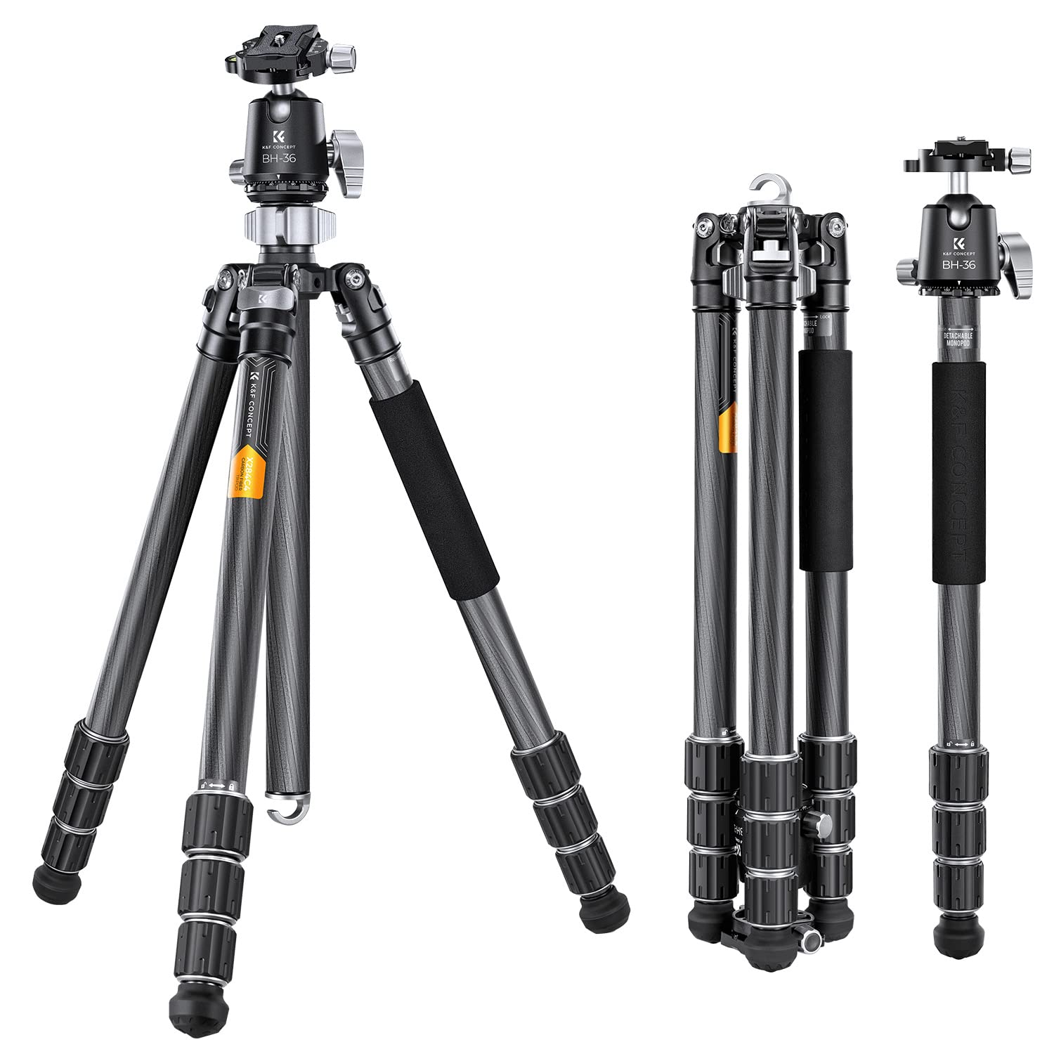 K&F CONCEPT 三脚 カーボン カメラ三脚 8層炭素繊維 全伸高 172cm 四段 一脚可変式 36ｍｍボール低重心雲台 28mmパイプ径 耐荷重16kg ナットロック式 ビテオカメラデジタルカメラ 一眼レフカメラ Canon Nikon Sony｜湖南オンライン