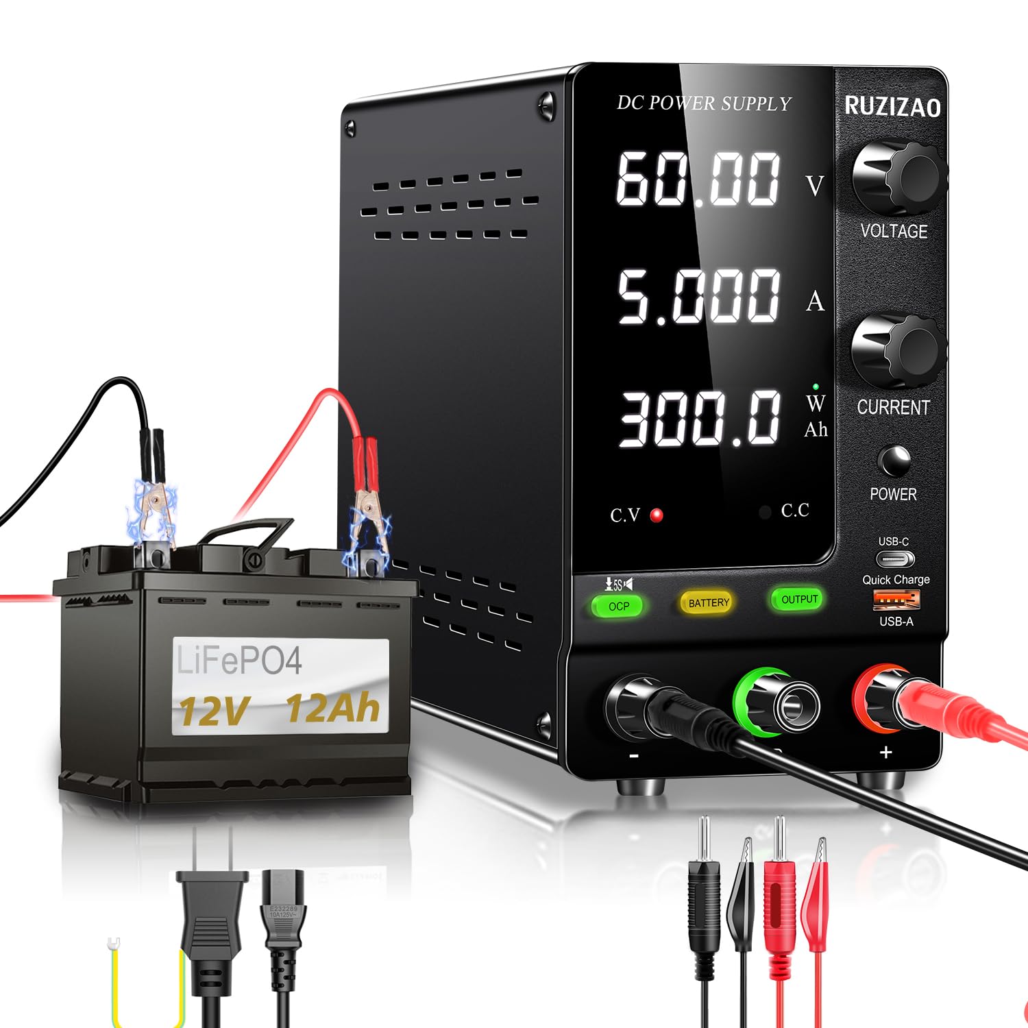 RUZIZAO 安定化電源 60V 5A 4桁電圧電流電力表示 エンコーダ調整 デスクトップ電源 スイッチング電源 6V 12V 24V 36V 48V 60V 電池充電用 可変直流安定化電源 めっき 実験室用直流安定化電源 電気制御機器 バンド出力スイッ