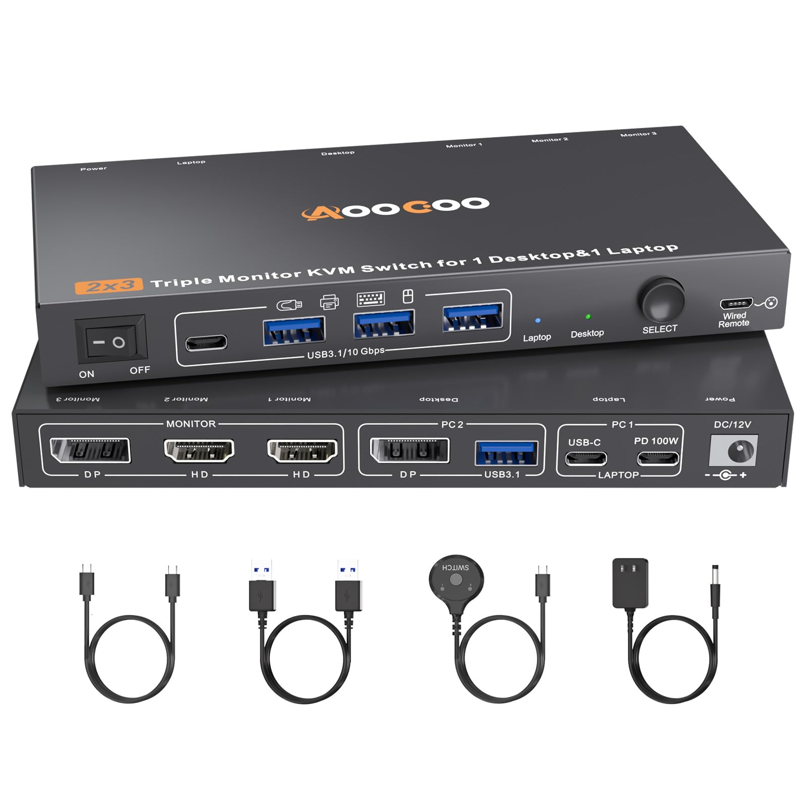 デスクトップ＋ラップトップ,2入力3出力 3画面ディスプレイ USB-C HDMI DP Type-C KVMスイッチ 4K@60Hz USB3.0 KVM 切替器、100W PD、2台のモニターと１組のキーボード マウスを共有できる｜湖南オンライン