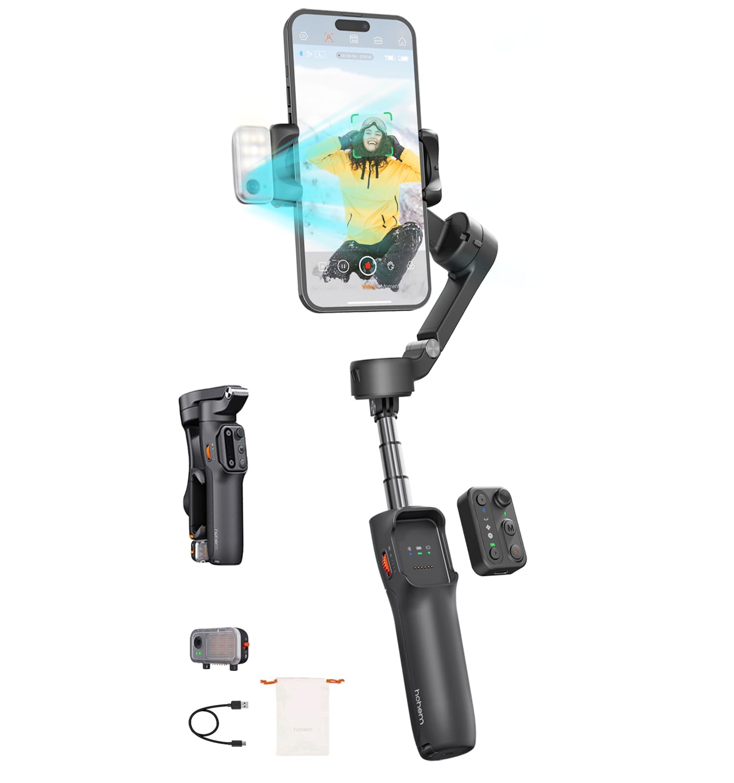 hohem V3 スマホジンバル 3軸ポータブルスタビライザー AIトラッカー/LEDライト取り外し可能なリモートコントロール 内蔵自撮り棒 & 三脚 携帯性＆折りたたみ設計Android＆iPhone用ジンバル 日本語対応アプリ ブラック