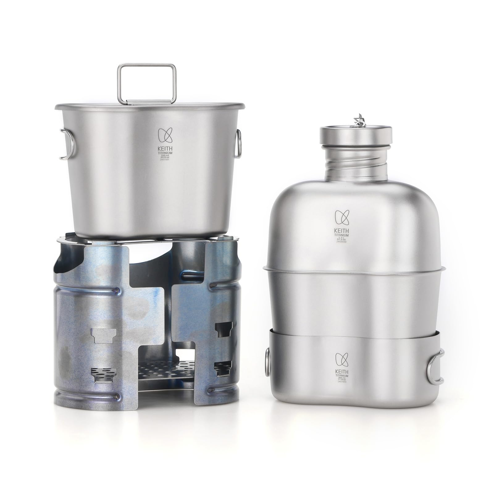 KEITH 純チタン キャンティーン 超軽量1100ml水筒+700ml飯盒+350ml飯盒+薪ストーブ アウトドアキャンプ クッカー 多機能食器セット 収納袋付き(Ti3061) [並行輸入品]