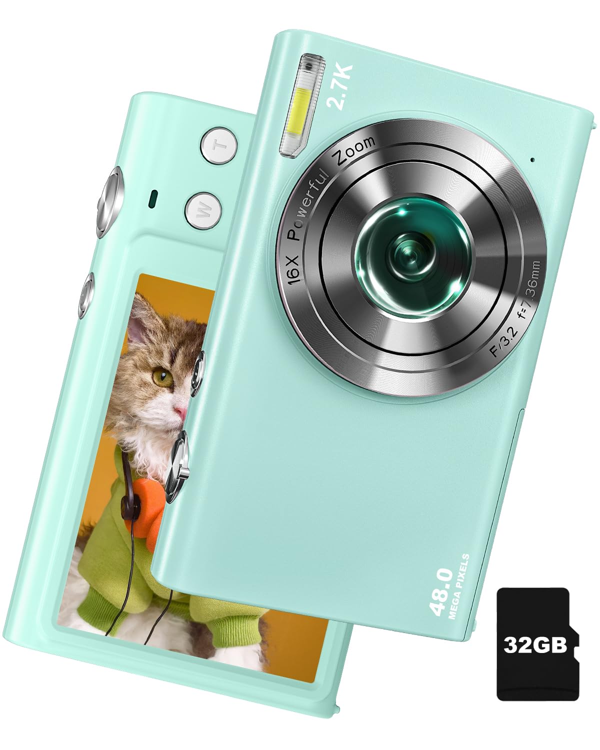 デジタルカメラ デジカメ 4800万画素 2.7K動画撮影 AF機能 3cmマクロ撮影 タイムラプス スローモーション 学生 修学旅行 子供利用可能 オートフォーカス 超軽量 初心者 セット 電池2個 32gカード付 緑