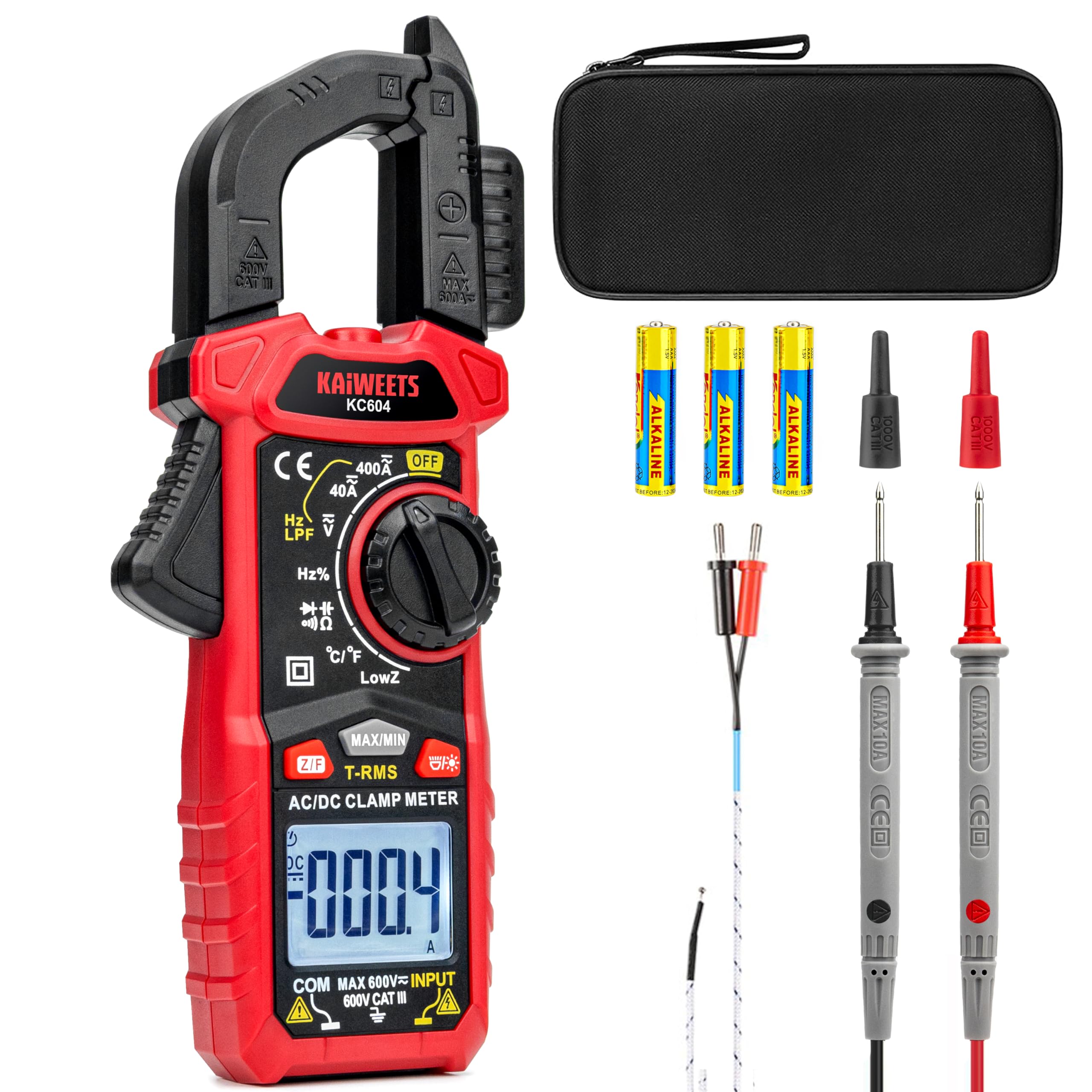 KAIWEETS AC/DCクランプメーター 4000 カウント D型ジョウ T-RMS AC/DC電流 AC/DC電圧 LowZ＆LPF NCV 導通 静電容量 抵抗 温度 周波数 ダイオード測定機能付き 検電テスター KC604