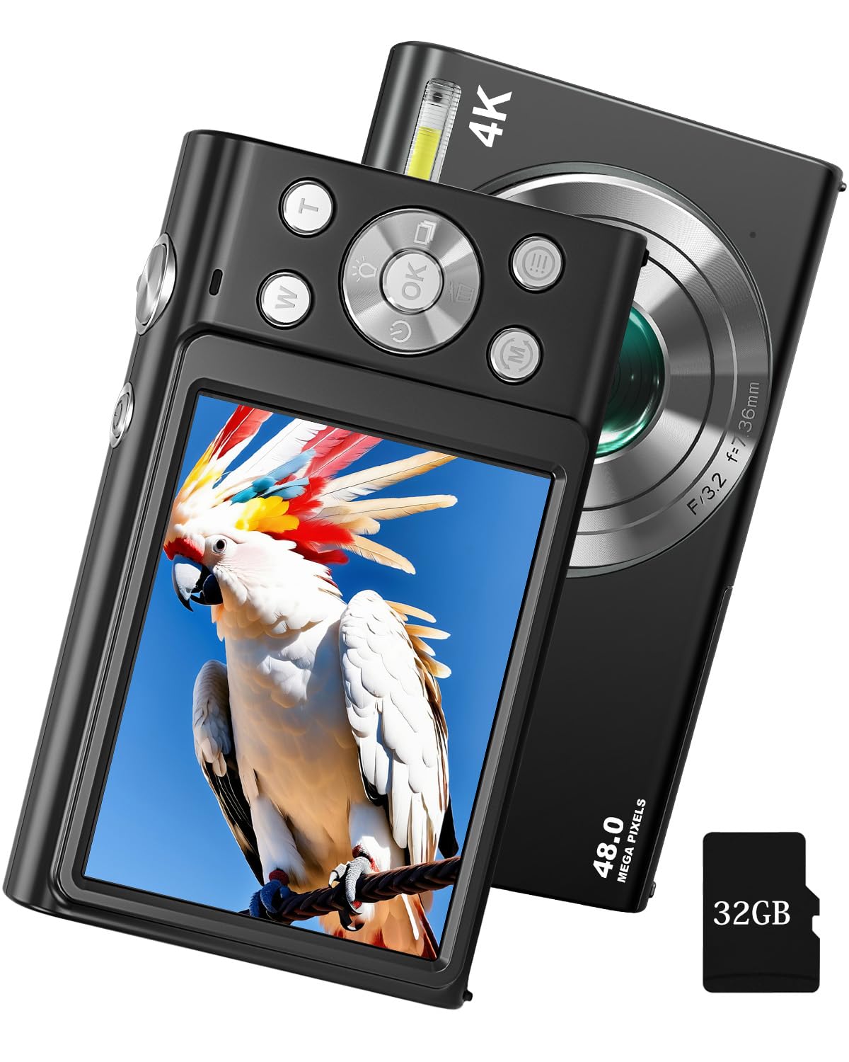 4K デジタルカメラ 4800万画素 デジカメ AF機能 3cmマクロ撮影 ビデオカメラ 動画撮影 タイムラプス スローモーション 学生 修学旅行 子供利用可能 オートフォーカス 超軽量 初心者セット 電池2個 32gカード付 黒