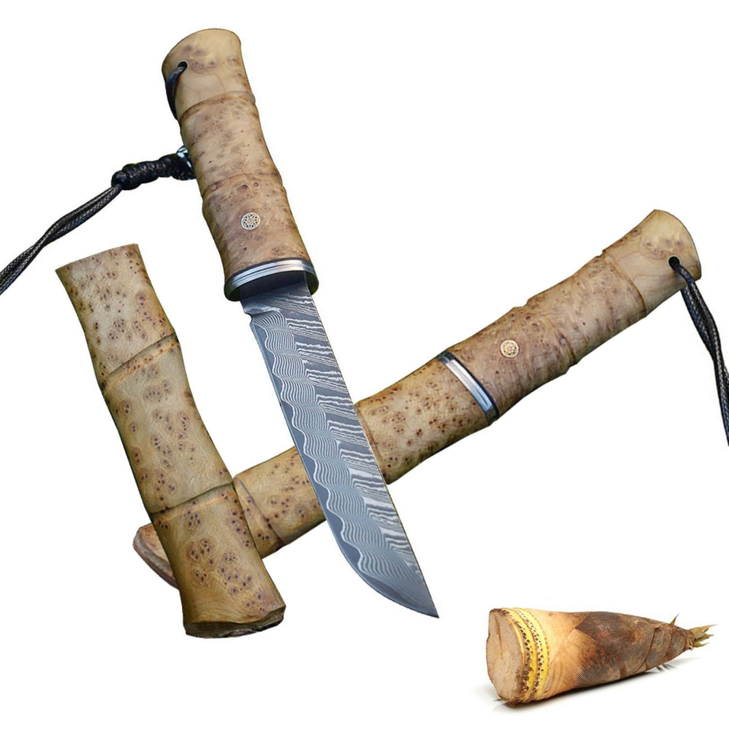 Irai Utaki キャンプナイフ シースナイフ 刃長120ｍｍ【佐藤武士】75層ダマスカス鋼 波紋模様 白影瘤木 木鞘付 釣り 登山 山歩き ブッシュクラフト 12,180円