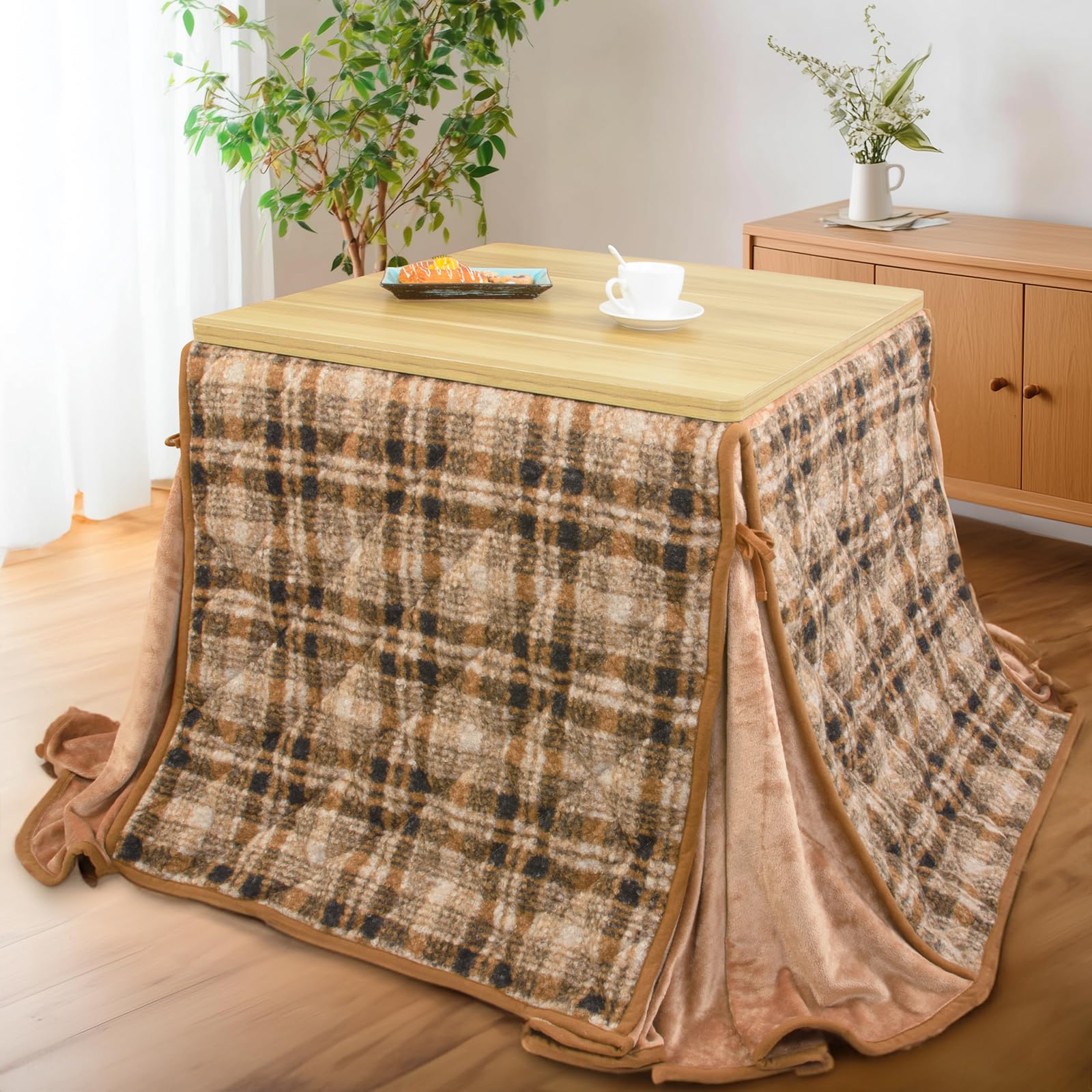 JEMA ハイタイプ こたつ布団 単品 ダイニング テーブル用こたつ布団 ダイニングコタツふとん 省スペース 長方形 こたつ掛け 吸湿発熱 洗える 約240x265cm プードルプリント チエック柄 コーヒー|湖南オンライン