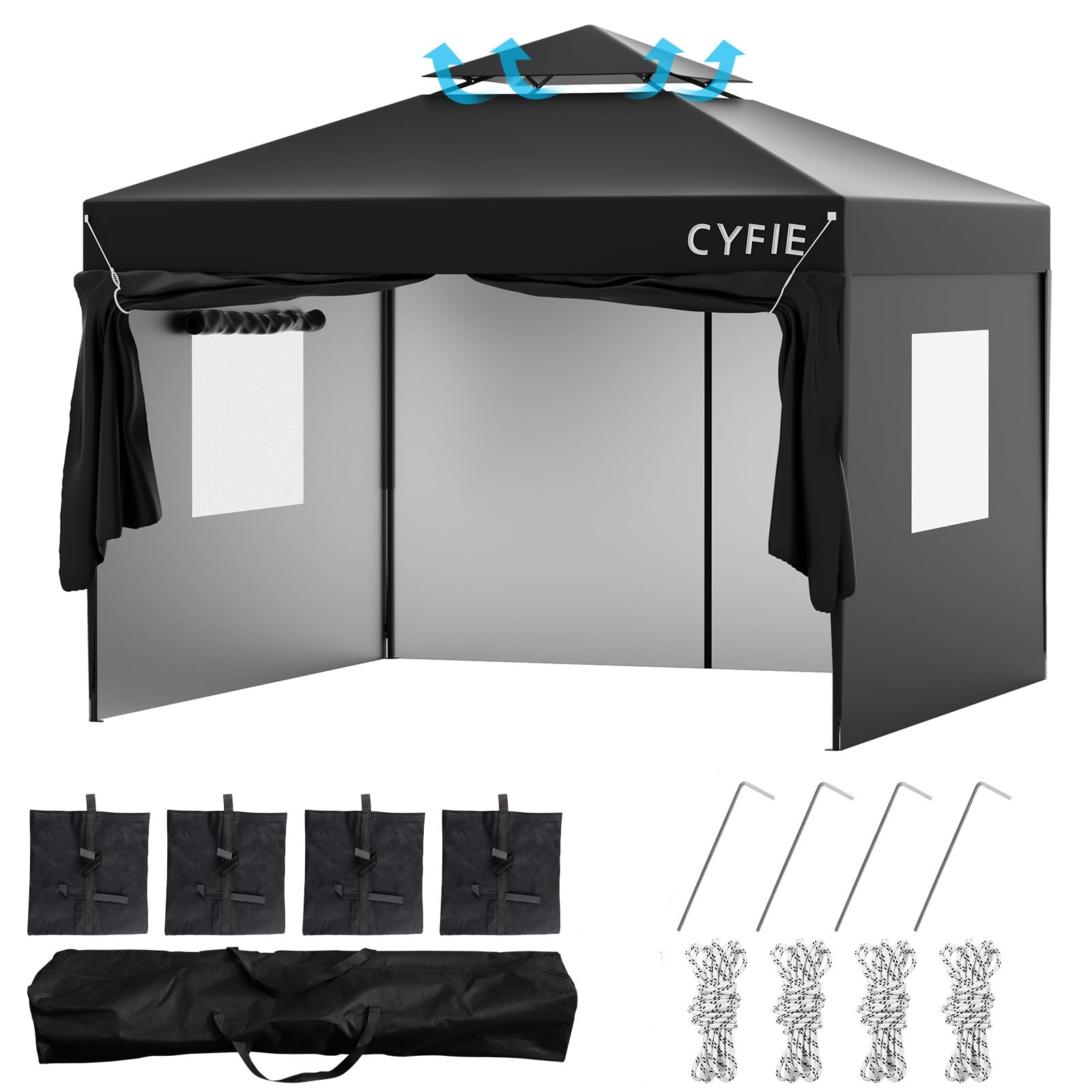 CYFIE タープテント 3m×3m 高さ3段階調節 サイドシート4枚付属 uvカットワンタッチタープテント サンシェード 高耐水加工 日よけ 組立簡単 持ち運び便利 キャンプ/ピクニック/運動会/アウトドア/集会用 収納ケース付き (ブラック)
