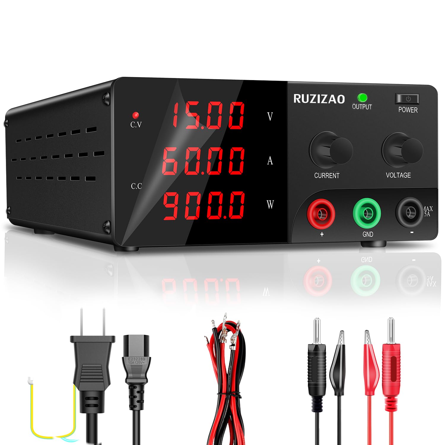 RUZIZAO直流安定化電源(0~15V 0~60A) 900W大電力 可変DCスイッチング エンコーダ調整 LED 4桁電流 電圧 電力表示 デスクトップ安定化電源 は テストとメンテナンス 研究室 学校教育 およびバッテリ充電に使用されます