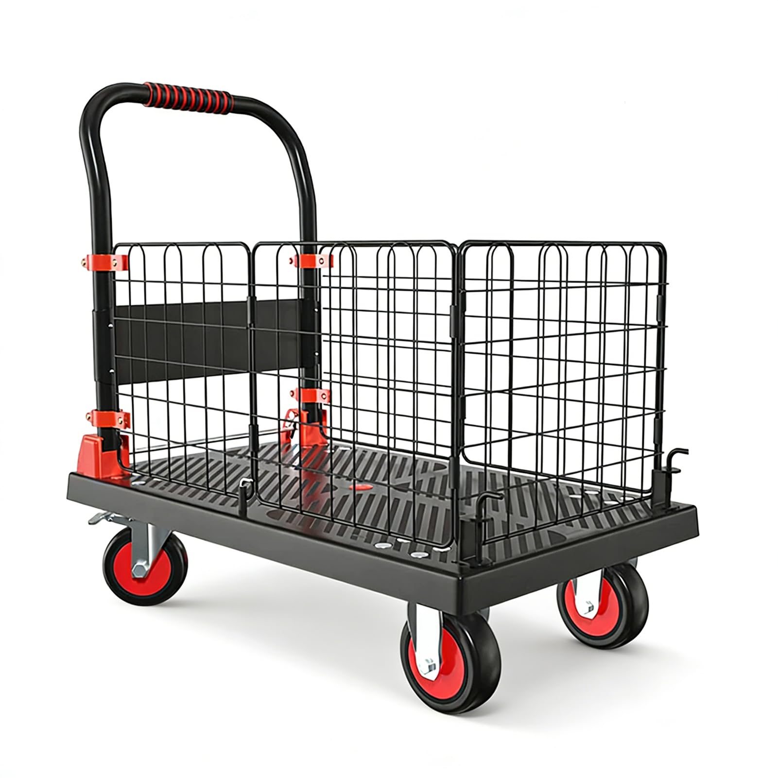 cxyin-home カゴ台車 落下防止柵付き 110&times;65&times;89cm 耐荷重300kg 作業用手袋付き 大型 手押しメッシュ台車 ストッパー付き 取り外せる柵 メッシュカゴ 折りたたみ 網籠車 TPRキャスター コンパクト ハンドルカバー 省スペース 組｜湖南オンライン