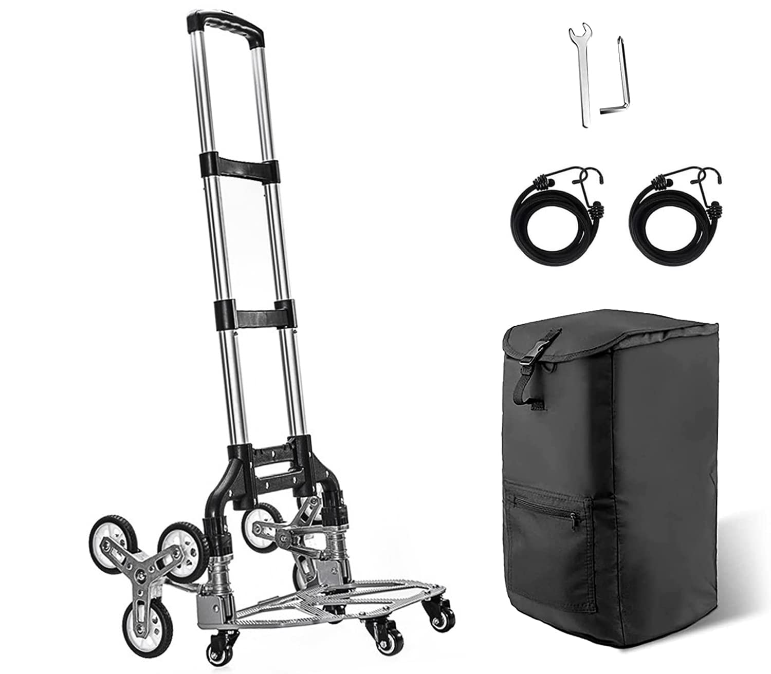 キャリーカート 折りたたみ ハンドキャリー 階段 3輪 10つの車輪 段差 台車 360度回転 静音 大型タイヤ 高さ調節 軽量 耐荷重80KG キャンプ アウトドア 引っ越し 災害時 買い物 旅行 固定ロープ2本付き (シルバー（10輪ゴムタイヤ）＋バッ画像