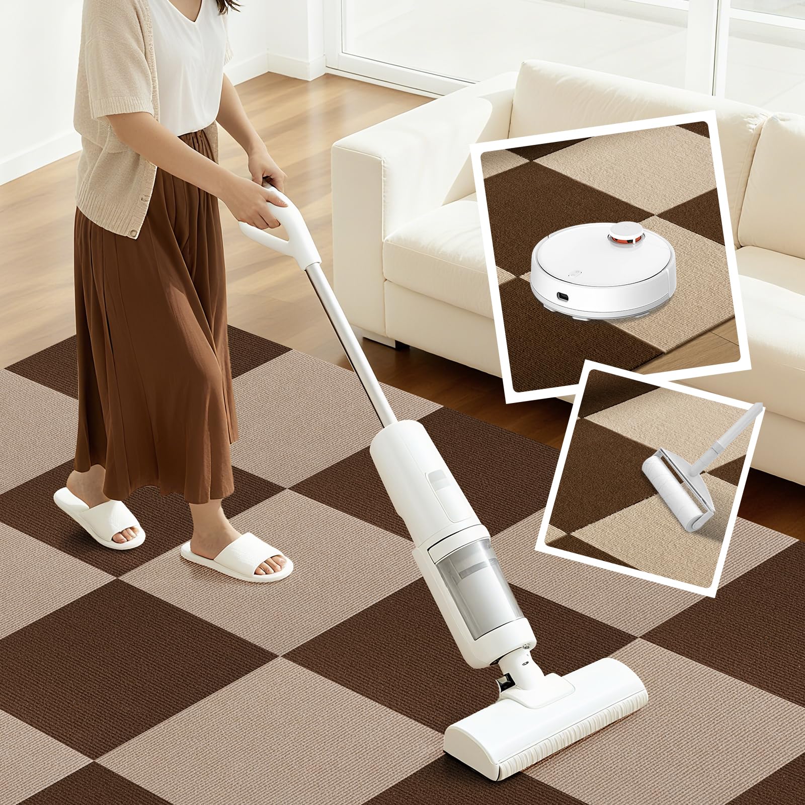 タイルカーペット タイルマット ジョイントマット 【45*45*0.4cm 40枚入】 すべりとめ 吸着カーペット ラグマット 犬 猫 保温 取り付け簡単 ズレない 滑り止め 防音 手洗い/洗濯機対応 (ブラウン*ベージュ) YOXU
