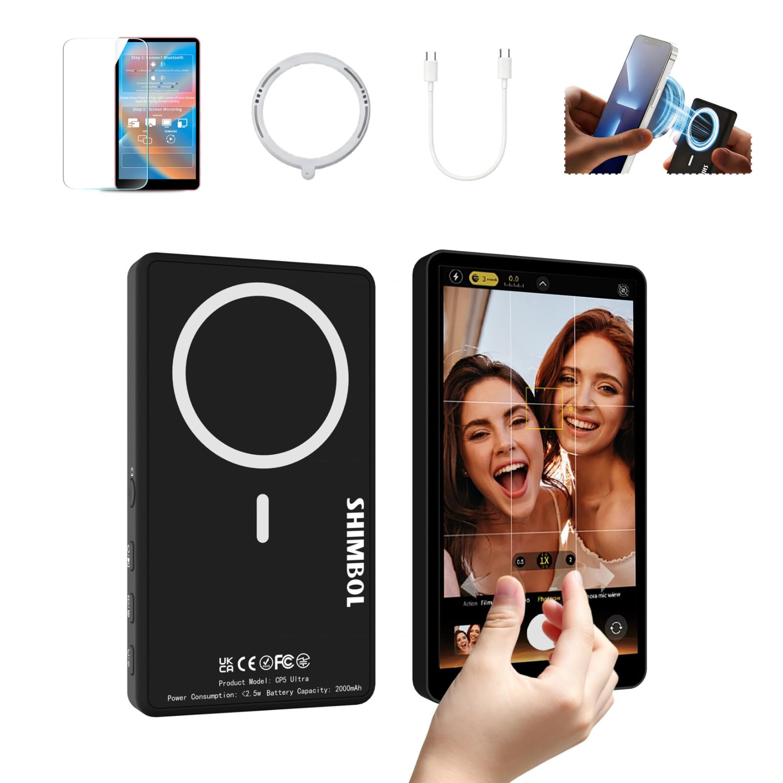Shimbol CP5 Ultra ブラック、ワイヤレス電話 Vlog セルフィーモニタースクリーン、5インチ FHD タッチスクリーン、ワイヤレスコントロールフォン対応、Mag Safe スナップオン、50m 範囲 0.04秒遅延、Android/iOS｜湖南オンライン 10,363円