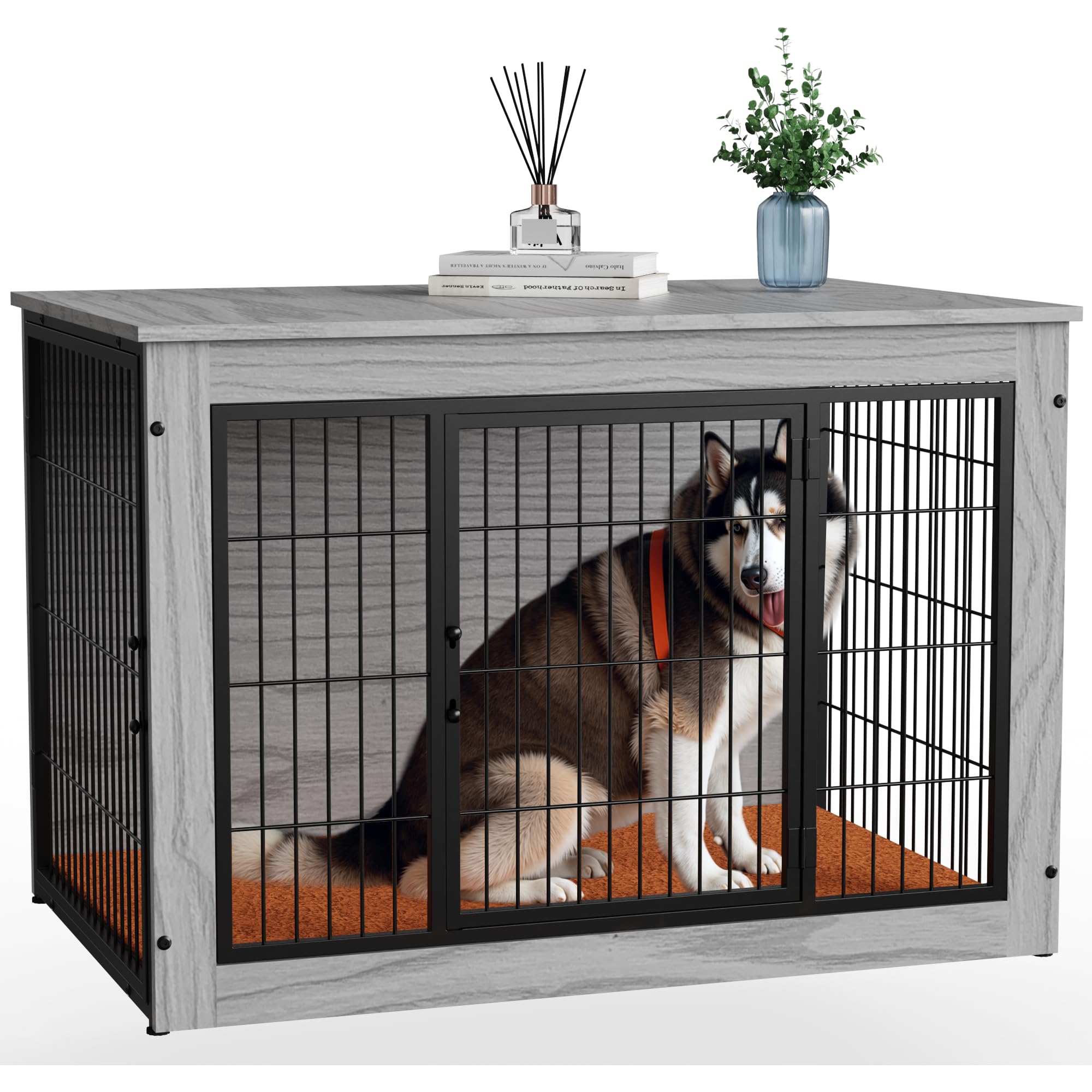 Alebert 犬 ケージ ペットケージ 木製家具調 犬サークル 大中型犬用 サークル 室内 犬 ゲージ ウッディサークル インテリア調 毛布付き 頑丈 オシャレ (グレー, Lサイズ)｜湖南オンライン