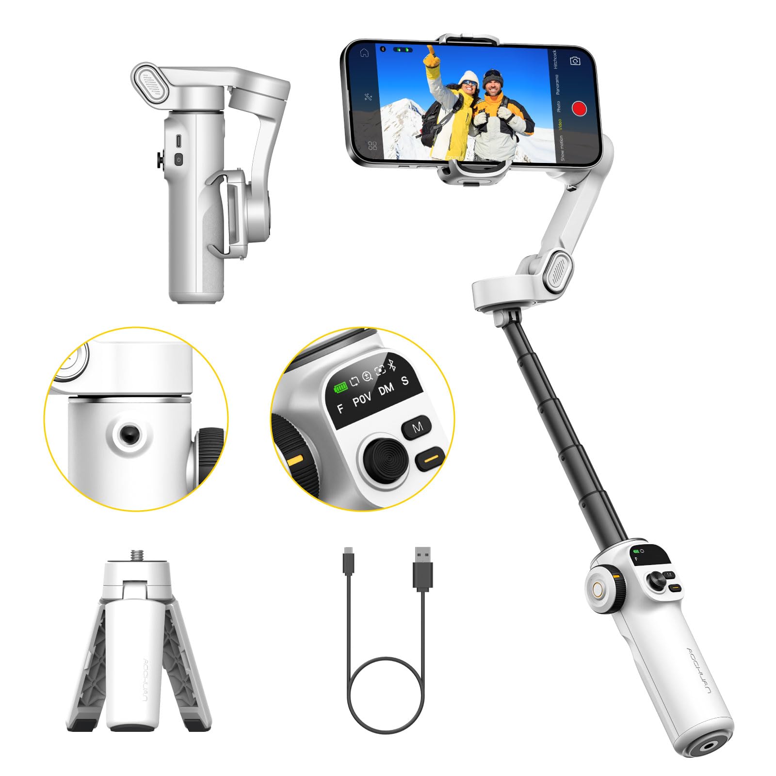 AOCHUAN iPhone用ジンバルスタビライザー、Vlog録画用顔/オブジェクトトラッキング機能付きiPhoneジンバル、7.8インチ延長ロッドとiPhone/Android用OLEDディスプレイ付き3軸電話ジンバル-Smart X2ホワイト