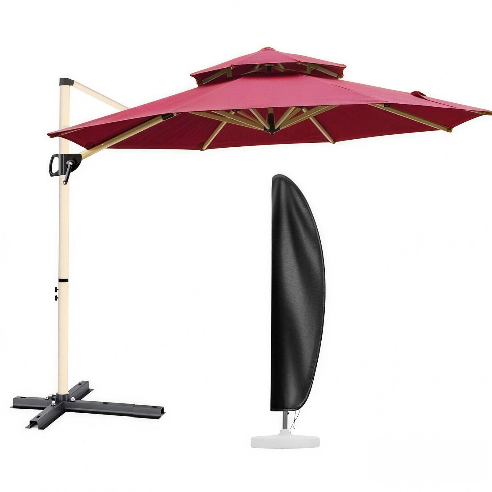 MAYAMI-Home ガーデンパラソル 大型 270cm/300cm ハンギングパラソル 二層通気 防風 UVカット 撥水 角度調整 360°回転 パラソルカバー付き ベース別売 屋外 庭 テラス カフェ用 (赤, 270cm)|湖南オンライン
