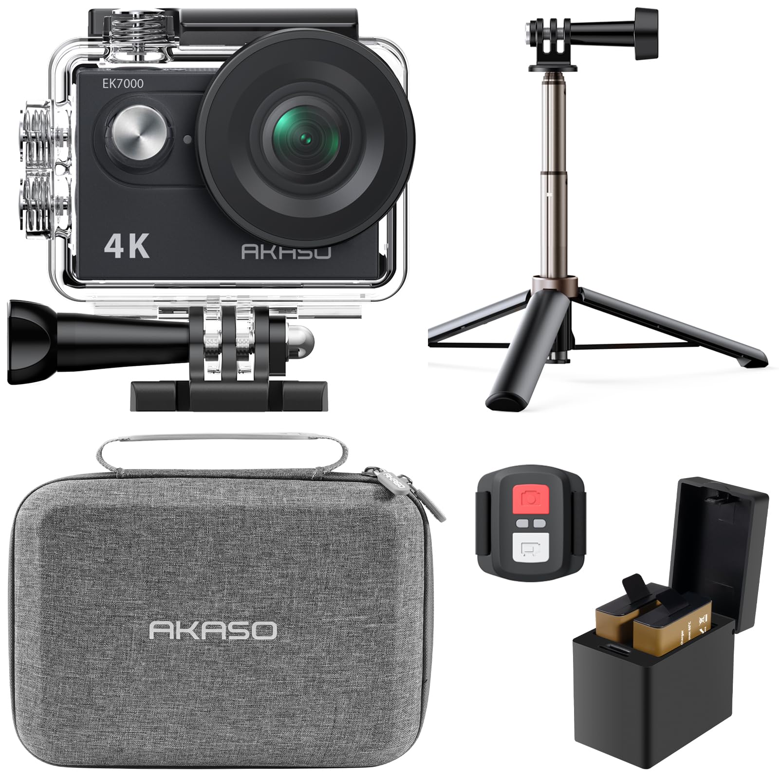 AKASO アクションカメラ EK7000 4K30FPS 20MP 水中カメラ WiFi搭載 外部マイク対応 40M防水 HDMI出力 170度広角レンズ リモコン付き 自撮り棒付きと収納ケース付き