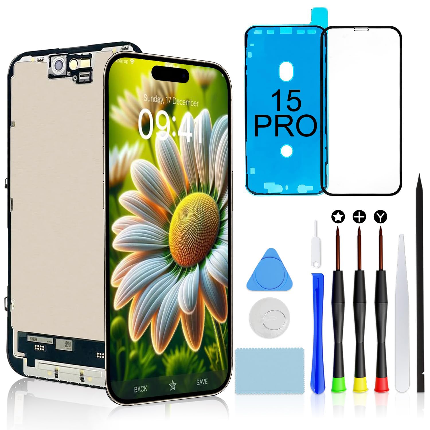 Brinonac 液晶パネル For iPhone 15 Pro の互換性 画面交換 キット - 6.1インチ 修理キット フロントガラス 工具付属