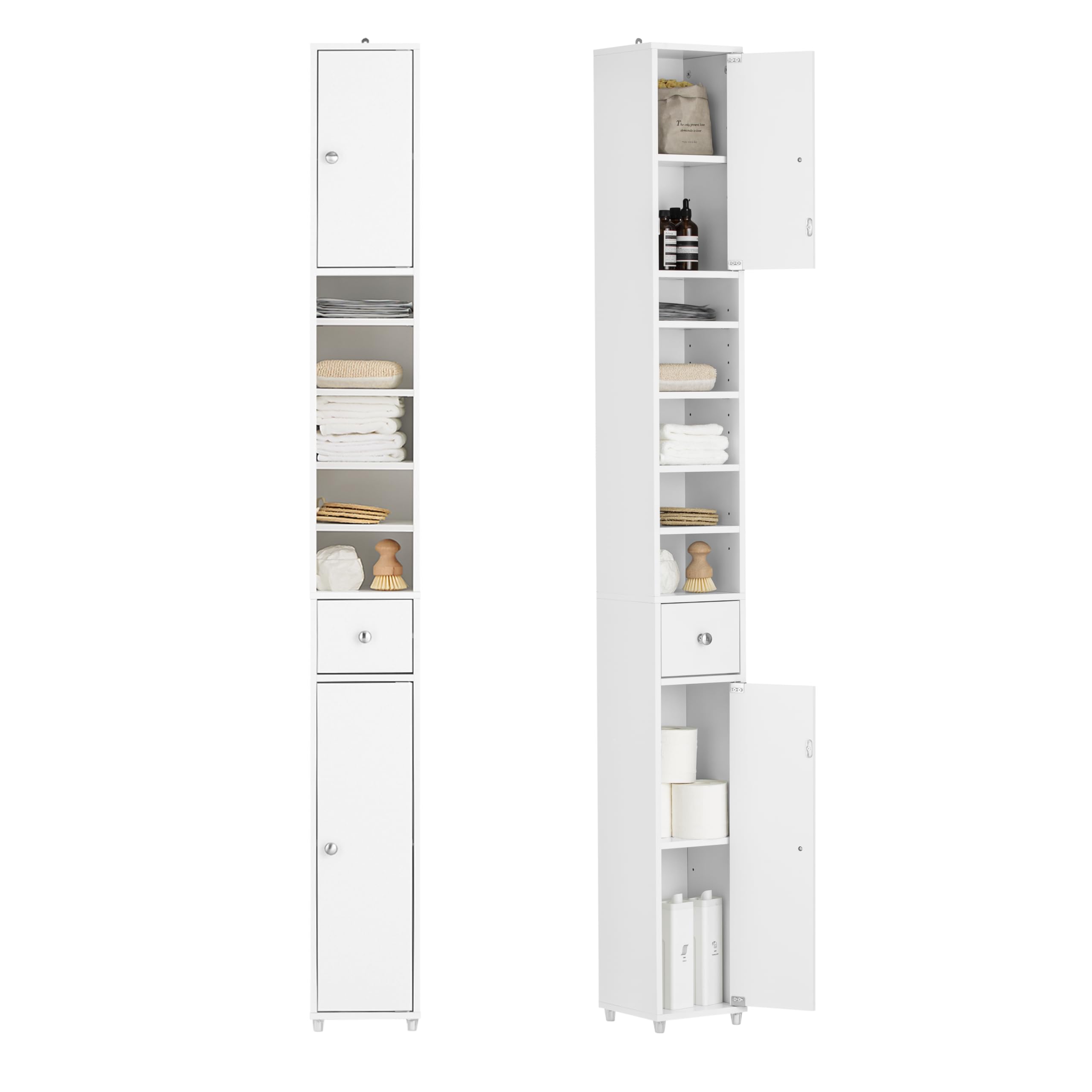SoBuy 隙間収納 洗面所 収納 ランドリーラック スリム 幅20×奥行20×高さ180cm 可動棚 すきま 洗面所用キャビネット サニタリーラック ランドリー収納 キャビネット 食器棚(BZR34-W)
