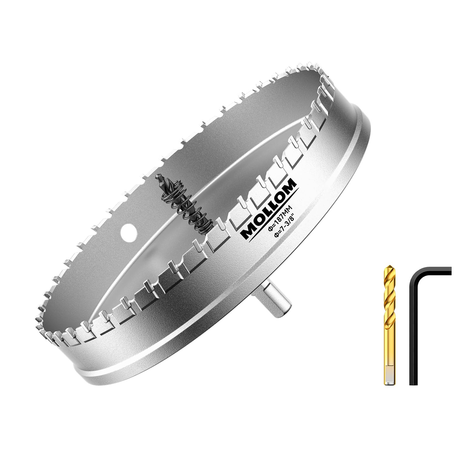 Mollom (7-3/8インチ | 187mm) 高耐久超硬ホールソー、パイロットドリルビット2個、ホールカッターはステンレス鋼、軟鋼、鉄、銅、真鍮、プラスチックをカットします｜湖南オンライン