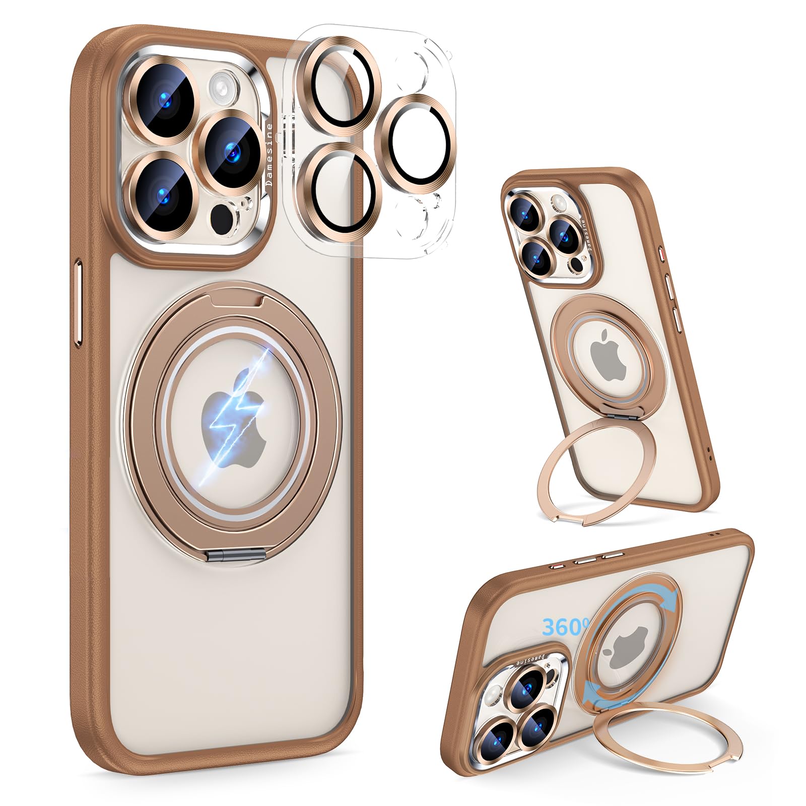 Damesine iPhone 15ProMax用ケース360°マグネットリングスタンド付き MagSafe対応マット汚れ防止 手触り 着脱式カメラカバー付き 光沢CD加工レンズ保護 シリコン衝撃吸収 防塵 滑り止め オシャレなアイフォン15プロマックスケ