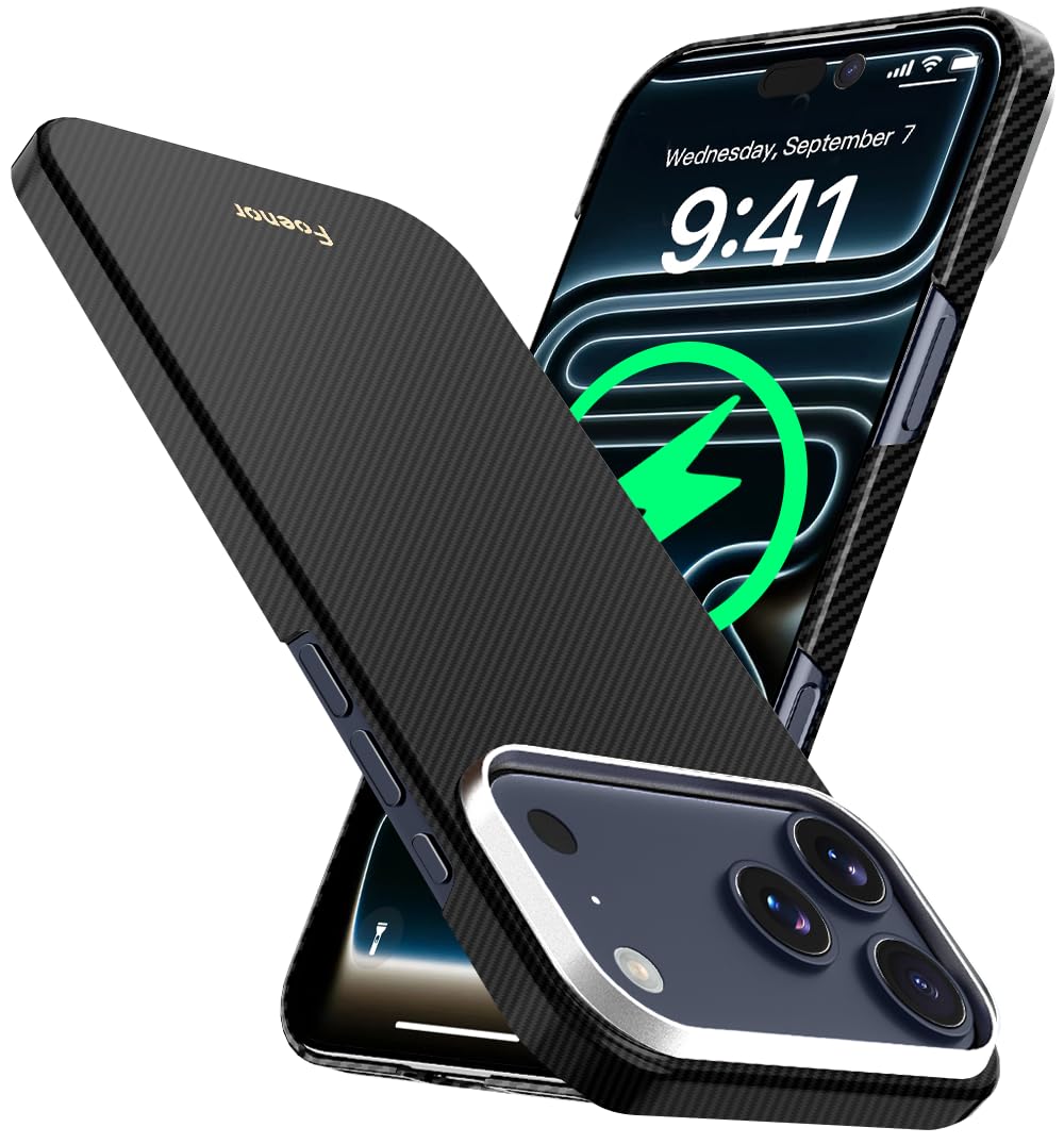 Foenor iPhone 17 Pro用 ケース アラミド繊維製 Magsafe対応 ワイヤレス充電対応 極薄・軽量型 iPhone17プロ用 カーボン風 電波干渉なし ミニマリスト いphone17pro ケース（600D/ブラック）