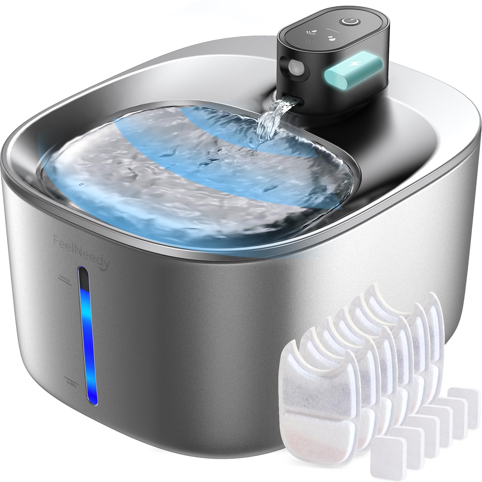 FEELNEEDY 猫 水飲み器 コードレス 充電式 4L 活性炭フィルター6枚付 ステンレス製 大容量 スマートペット用循環式自動給水器 センサー 動作検知 3つの給水モード 5重濾過 ワイヤレスポンプ 犬 猫 給水器 静音 水不足注意LEDライト付き