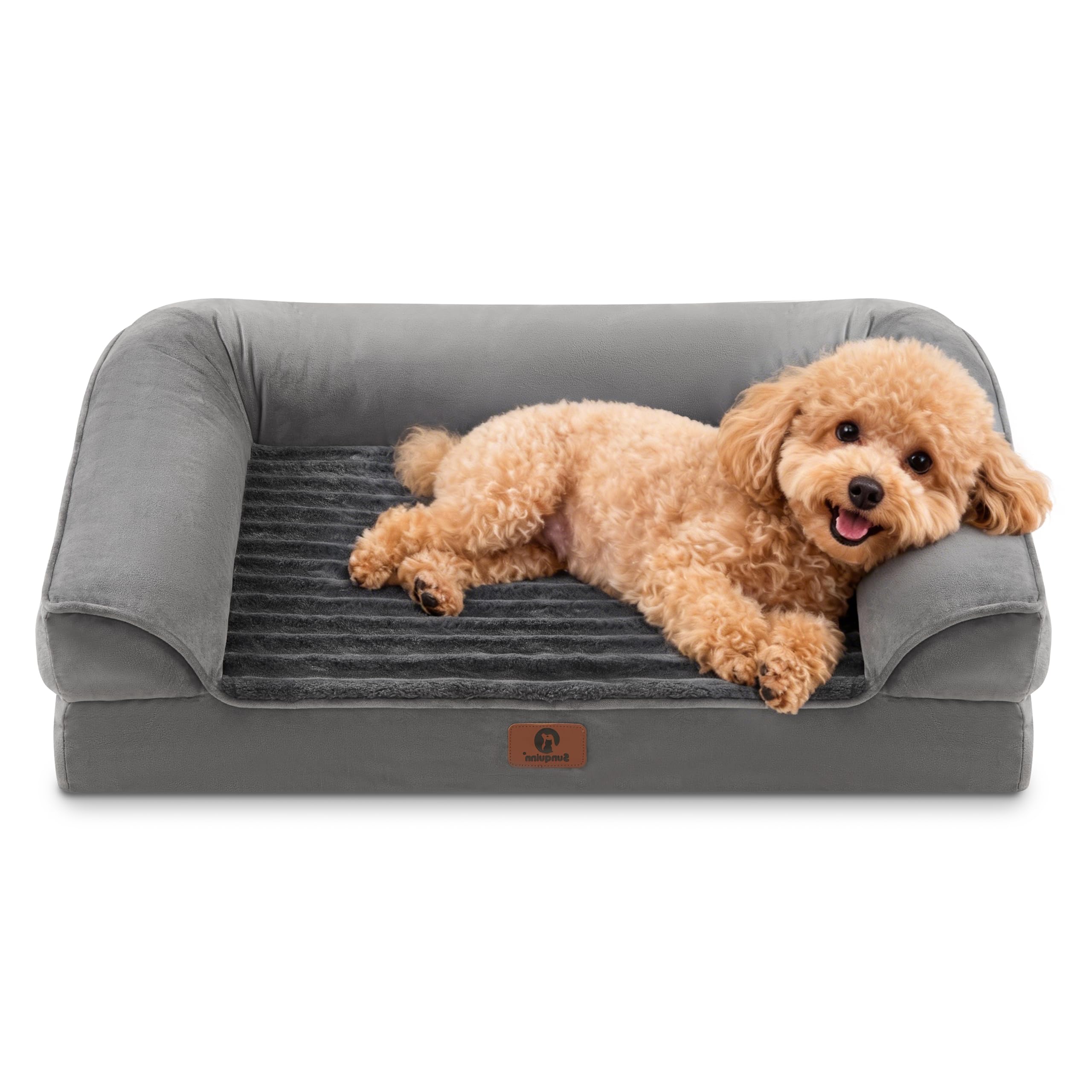 Sunquinn 犬用 ペットベッド 犬ベッド ペットソファーベッド 体圧分散・高反発 アゴ乗せ設計・低床8cm 冬用 ふわふわ 温かい 防水カバー 洗える 小型犬・中型犬・シニア犬対応（外寸76Lx51Wx16.5Hcm ボア・グレー）