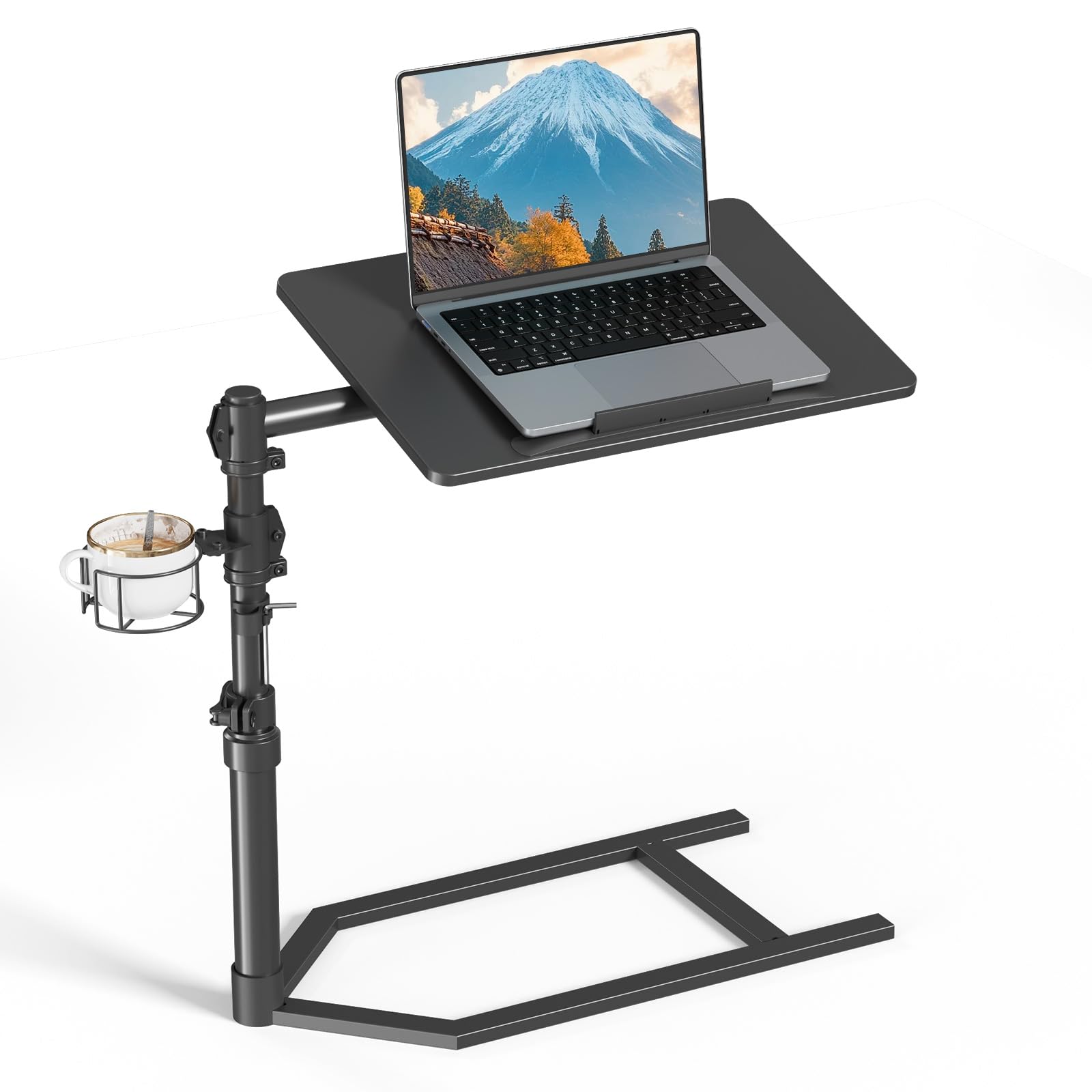 GIBBON MOUNTS ベッドテーブル 昇降 角度調節可能 天板360°回転 幅50×奥行34cm 高さ47・70cm 耐荷重8kg コンパクト サイドテーブル カップホルダー付き ケーブルクリップ付き 転落防止機構 介護テーブル 縁フレームなしのロフ