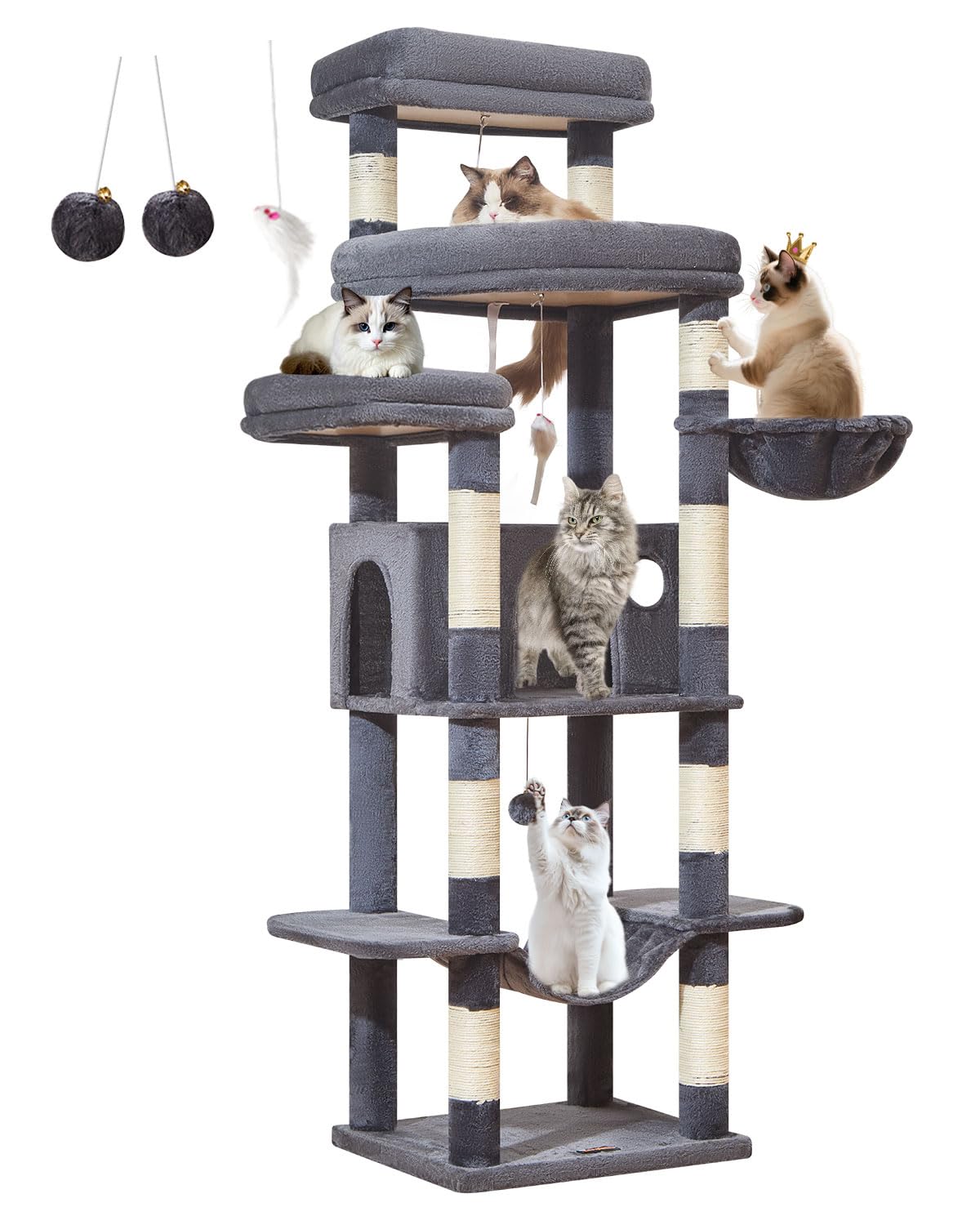 Taoqimiao キャットタワー 高さ180cm 大型猫用 多頭飼い 猫タワー 据え置き型 超スリム 省スペース 安定感 運動不足解消 猫ハウス 超大型扇形プラットフォーム 天然麻紐 爪研ぎ棒 9本爪とぎ柱 ハンモック・バスケット付き 転倒防止ストラップ