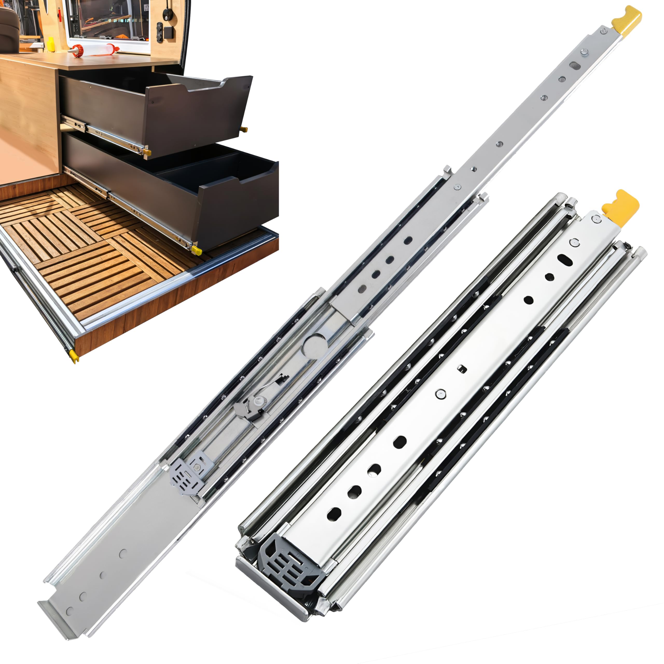 76mm幅 ロック付き 超重量用スライドレール 【収納 500mm 一 全長 1000mm マ】 耐荷重220kg 3段フルエクステンション Q235冷間圧延鋼材 亜鉛メッキ 家具・キャビネット・トラック・工業・DIY対応 左右1セット