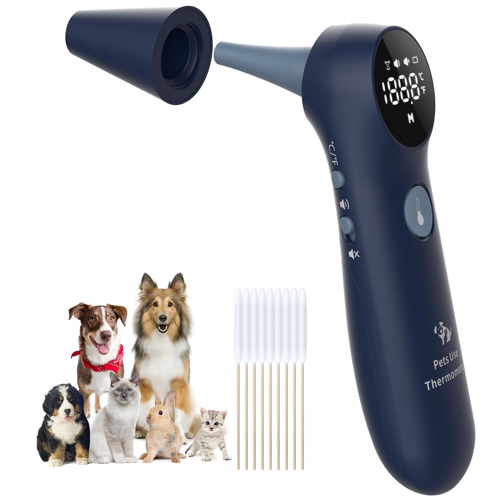 ペット用耳式体温計 犬、猫と家畜に適用 長いプローブ、℃・・表示切替ボタンと音声オン・オフボタン付き 1秒で検温可能 ペット用綿棒20本入り (白) (青)