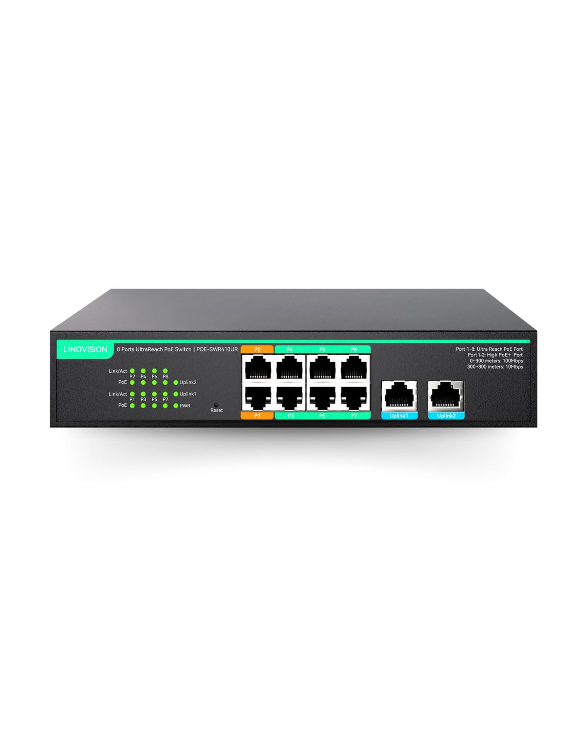 LINOVISION 8ポート 長距離伝送 PoE スイッチ、遠隔クラウド管理対応、全ポート最大800mのPoEを延長、2 * 45W PoE+ ポート、IPカメラ/ PTZ / AP / VOIPなどに対応可能、10/100Mbps、PoE総予算120W